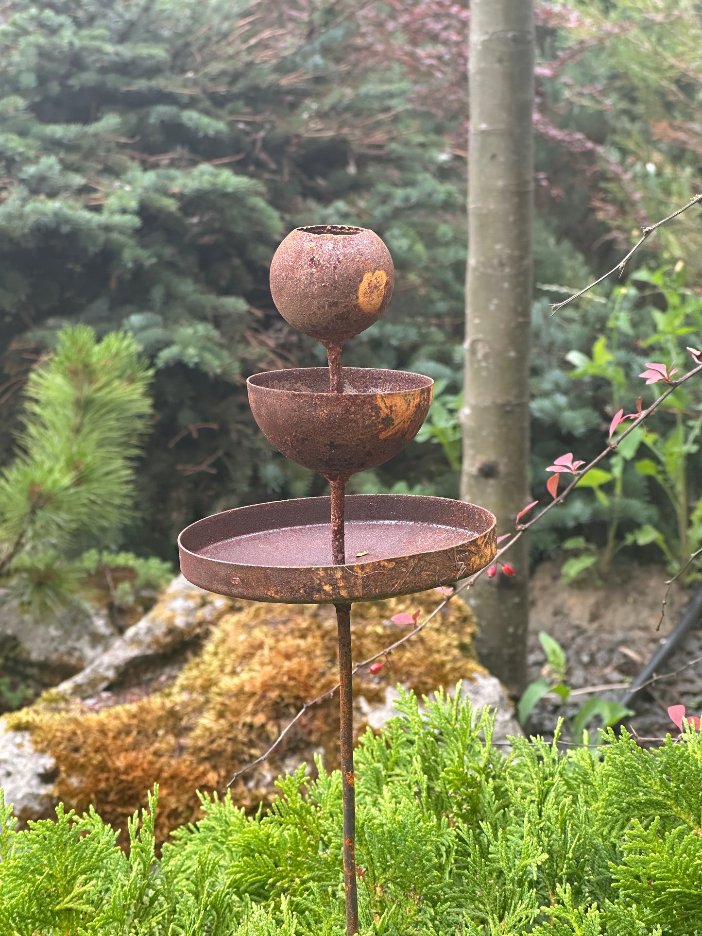 Rusty flower garden stakes, Metal rain catchers, Bird bath outdoor garden decor