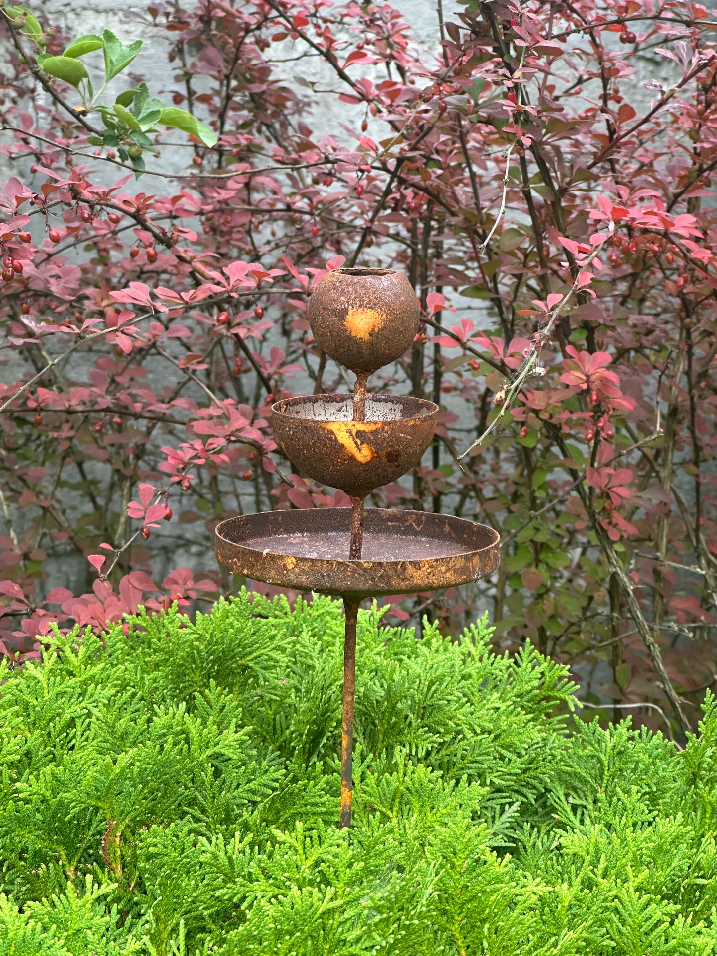 Rusty flower garden stakes, Metal rain catchers, Bird bath outdoor garden decor