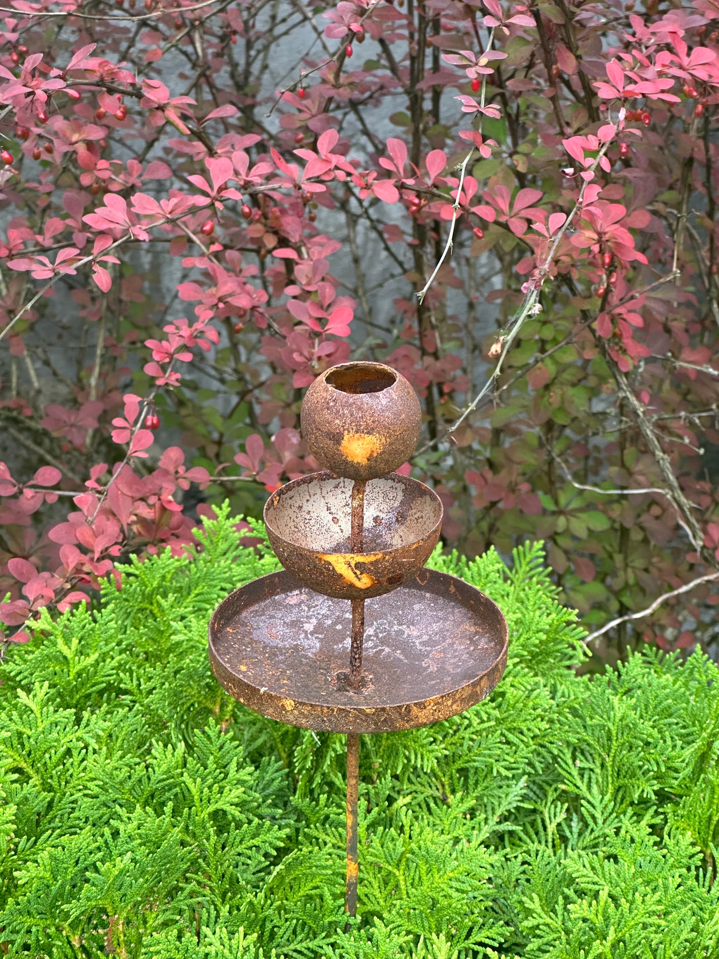 Rusty flower garden stakes, Metal rain catchers, Bird bath outdoor garden decor