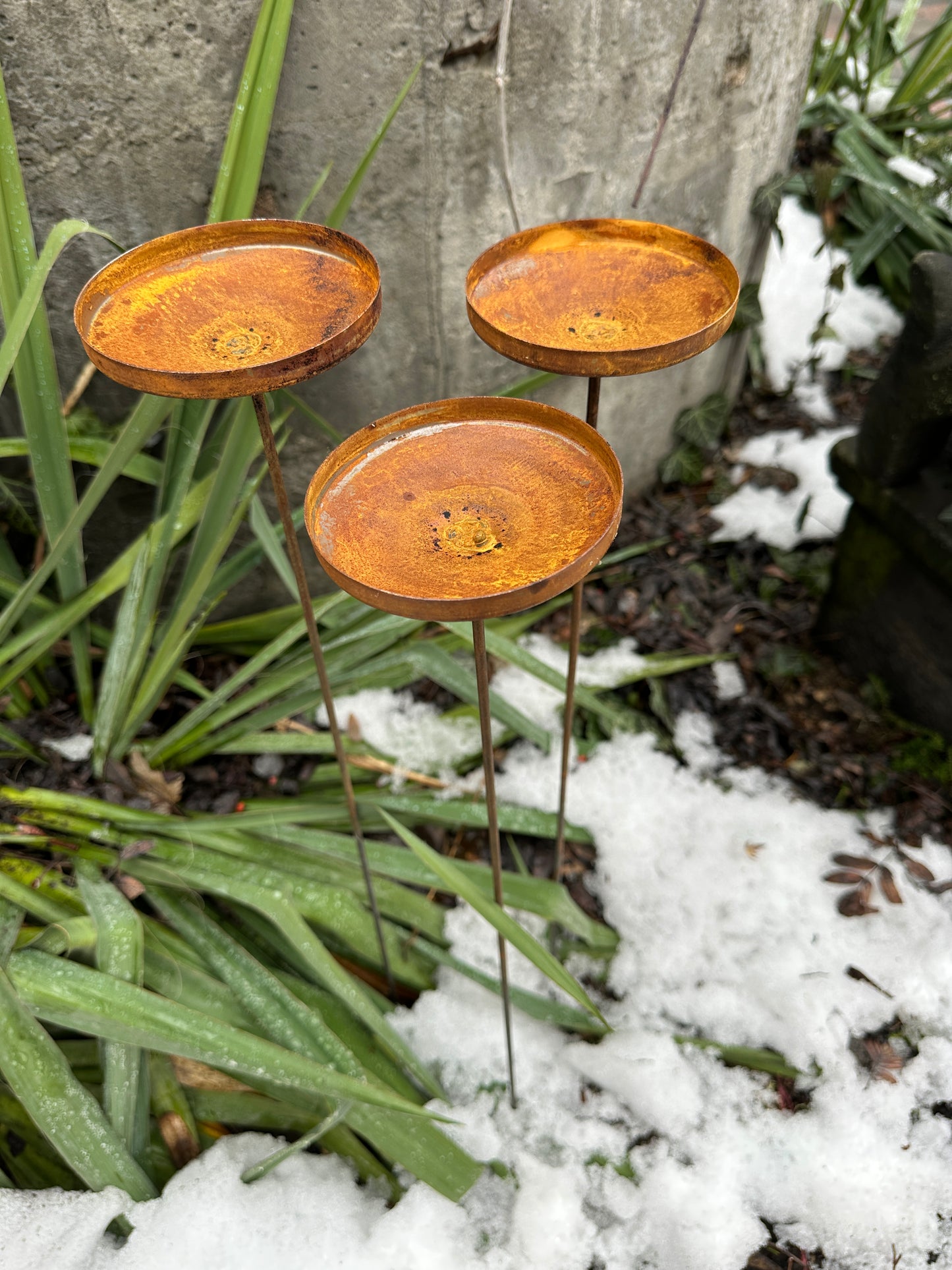 Rusty flower garden stakes, Metal rain catchers, Bird bath outdoor garden decor