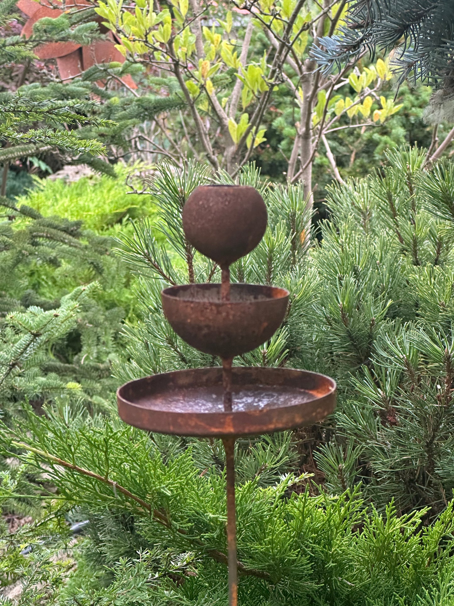 Rusty flower garden stakes, Metal rain catchers, Bird bath outdoor garden decor