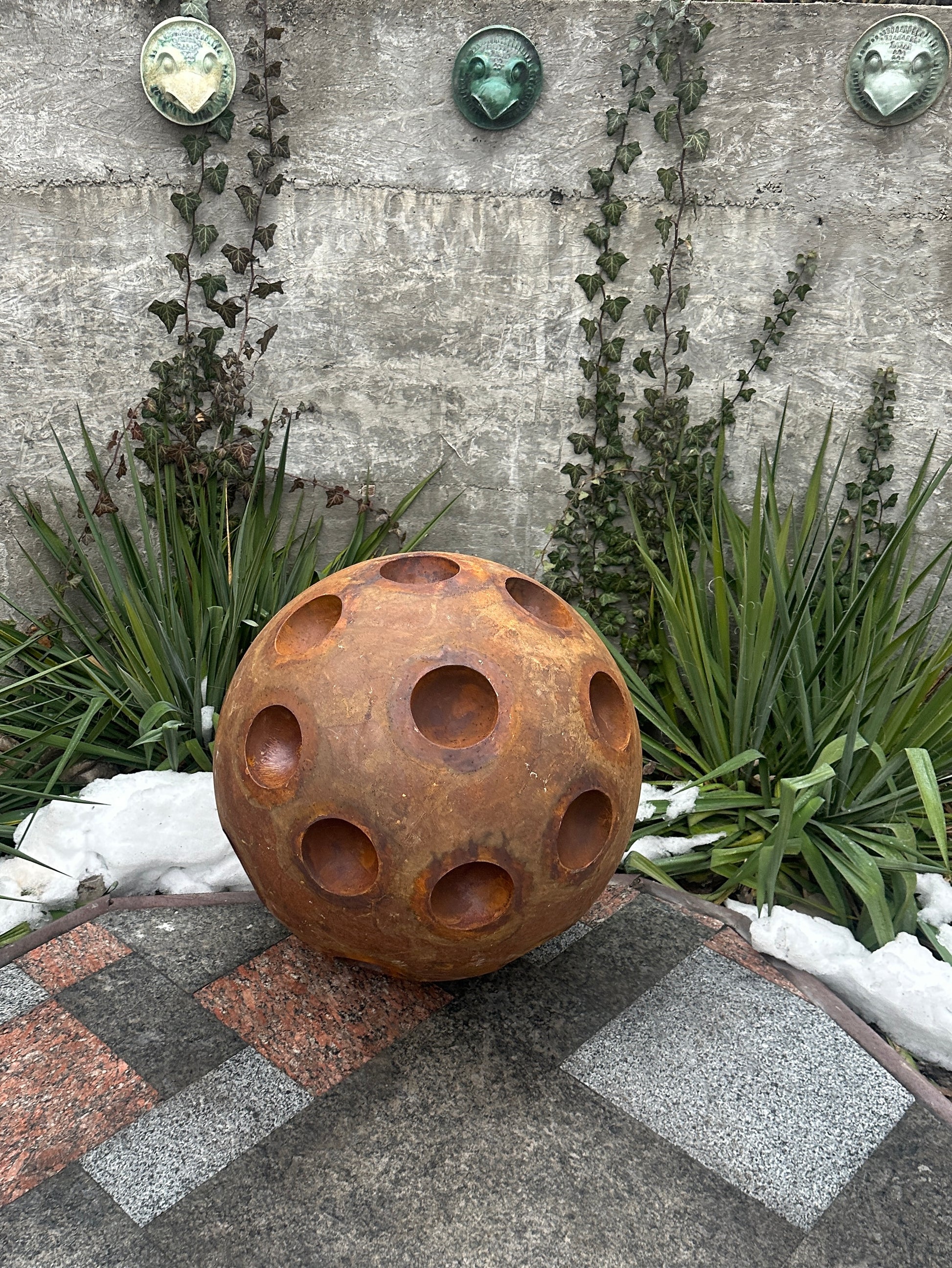 20'' Rusty Metal Sphere Sculpture – Modern art for your garden, patio or home. Perfect as a centerpiece, landscape decor, or artistic accent