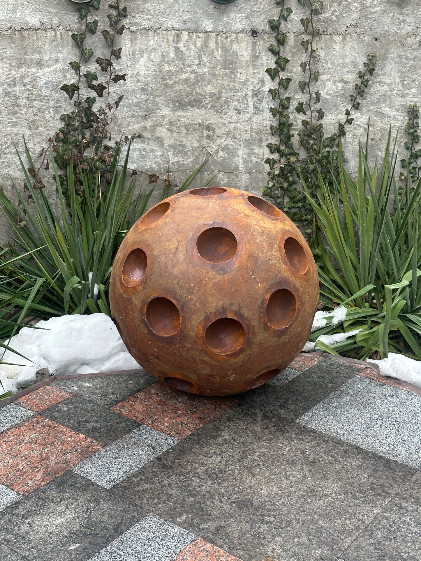 20'' Rusty Metal Sphere Sculpture – Modern art for your garden, patio or home. Perfect as a centerpiece, landscape decor, or artistic accent