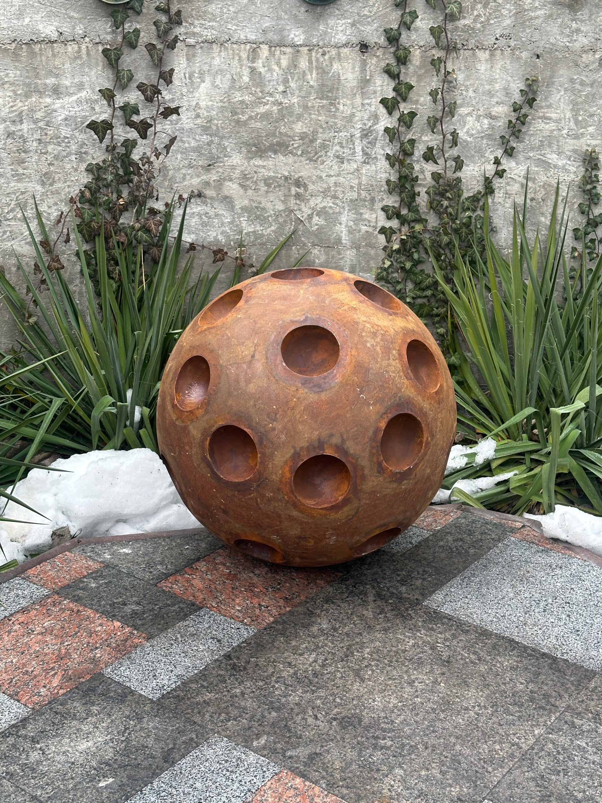 20'' Rusty Metal Sphere Sculpture – Modern art for your garden, patio or home. Perfect as a centerpiece, landscape decor, or artistic accent