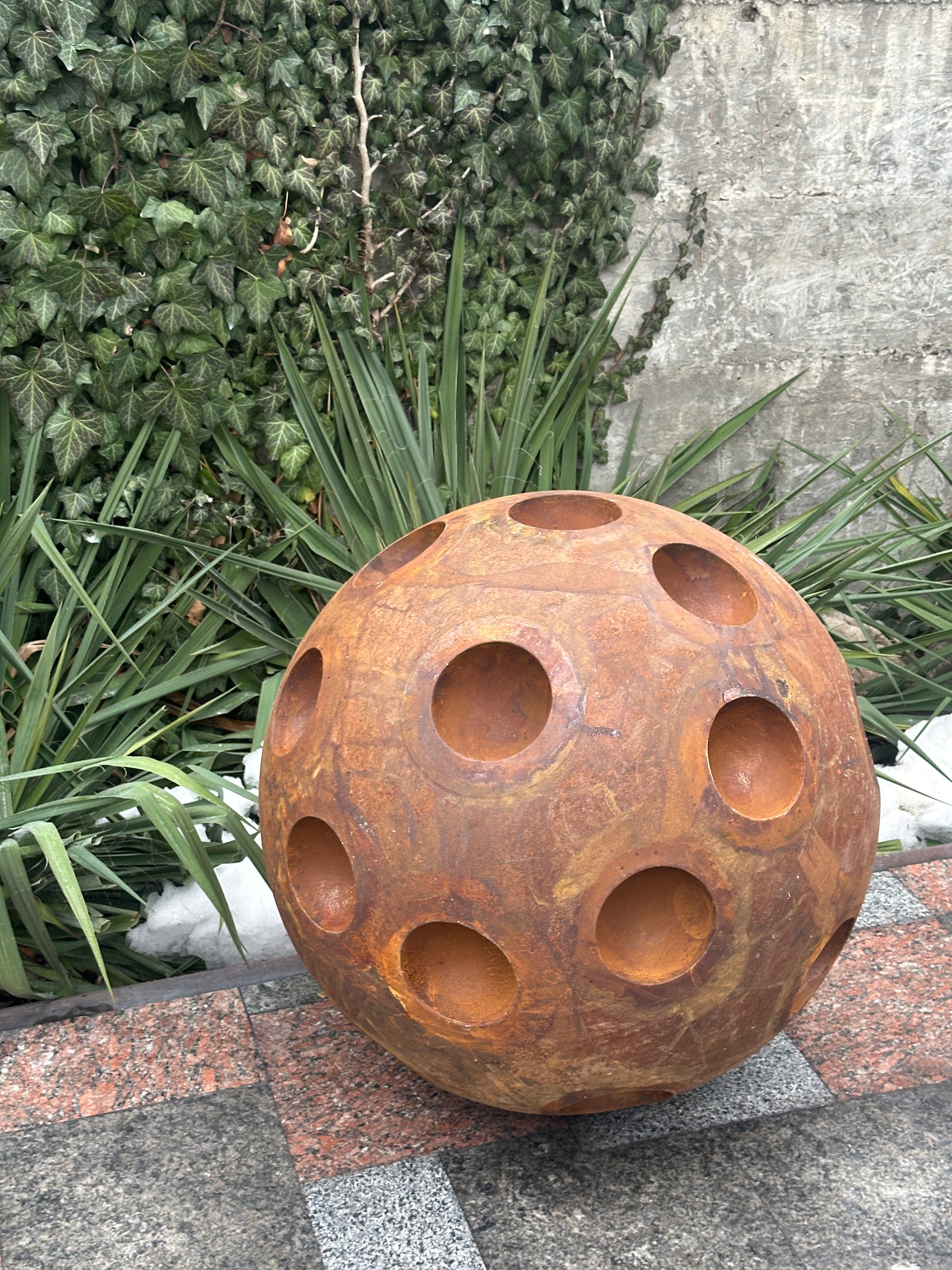 20'' Rusty Metal Sphere Sculpture – Modern art for your garden, patio or home. Perfect as a centerpiece, landscape decor, or artistic accent