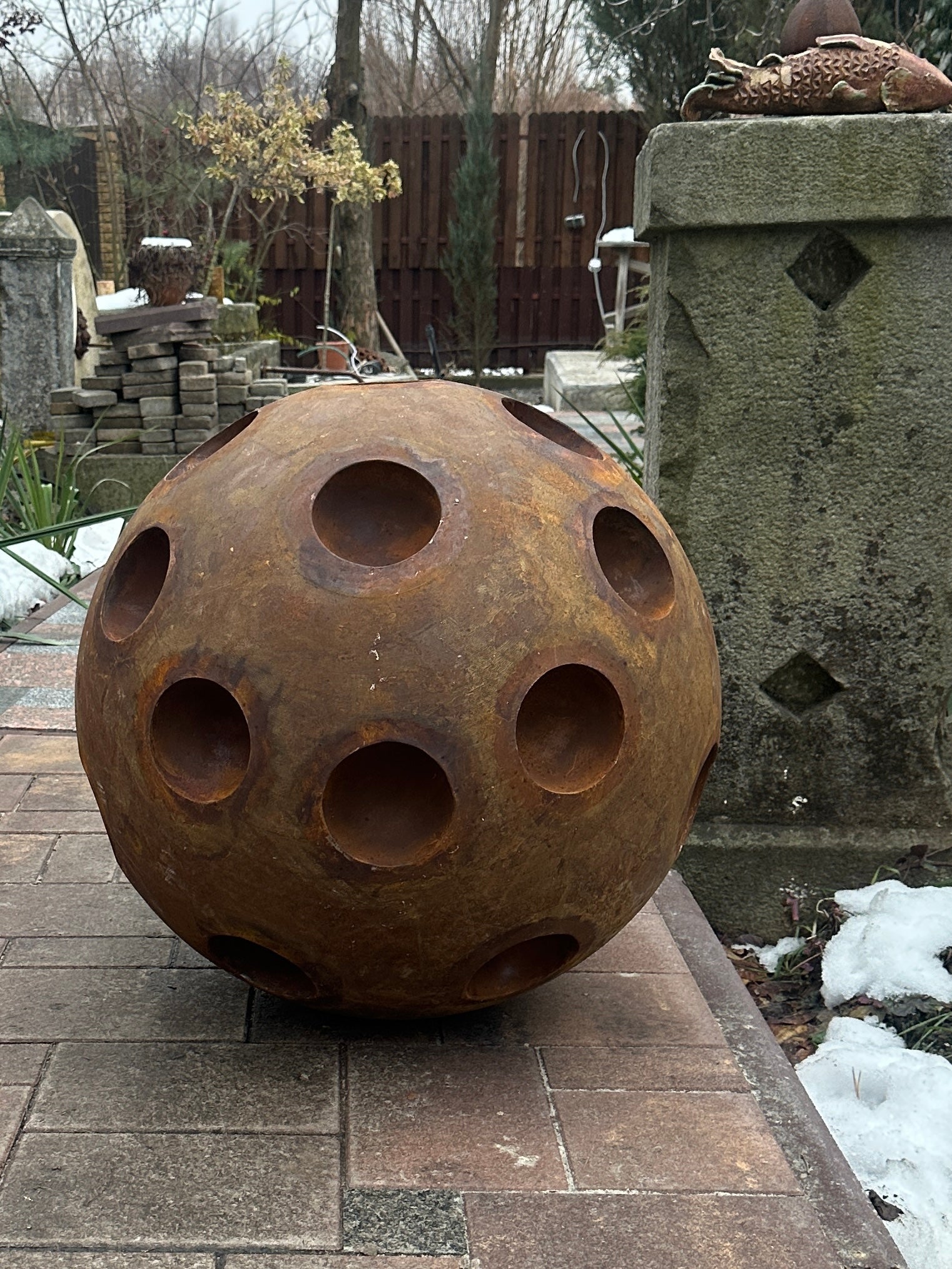 20'' Rusty Metal Sphere Sculpture – Modern art for your garden, patio or home. Perfect as a centerpiece, landscape decor, or artistic accent