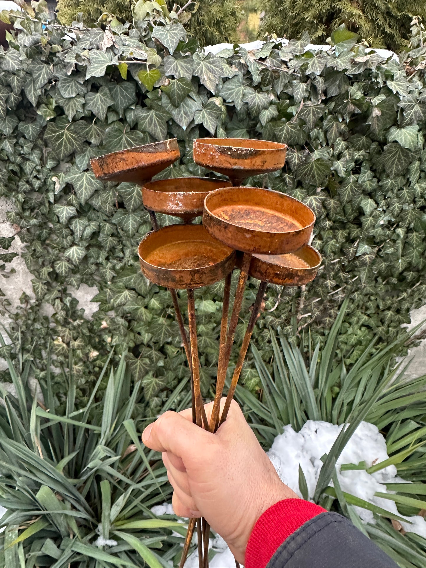 Rusty Flower Garden Stakes - Metal Mini Rain Catchers, Unique Outdoor Garden Decor