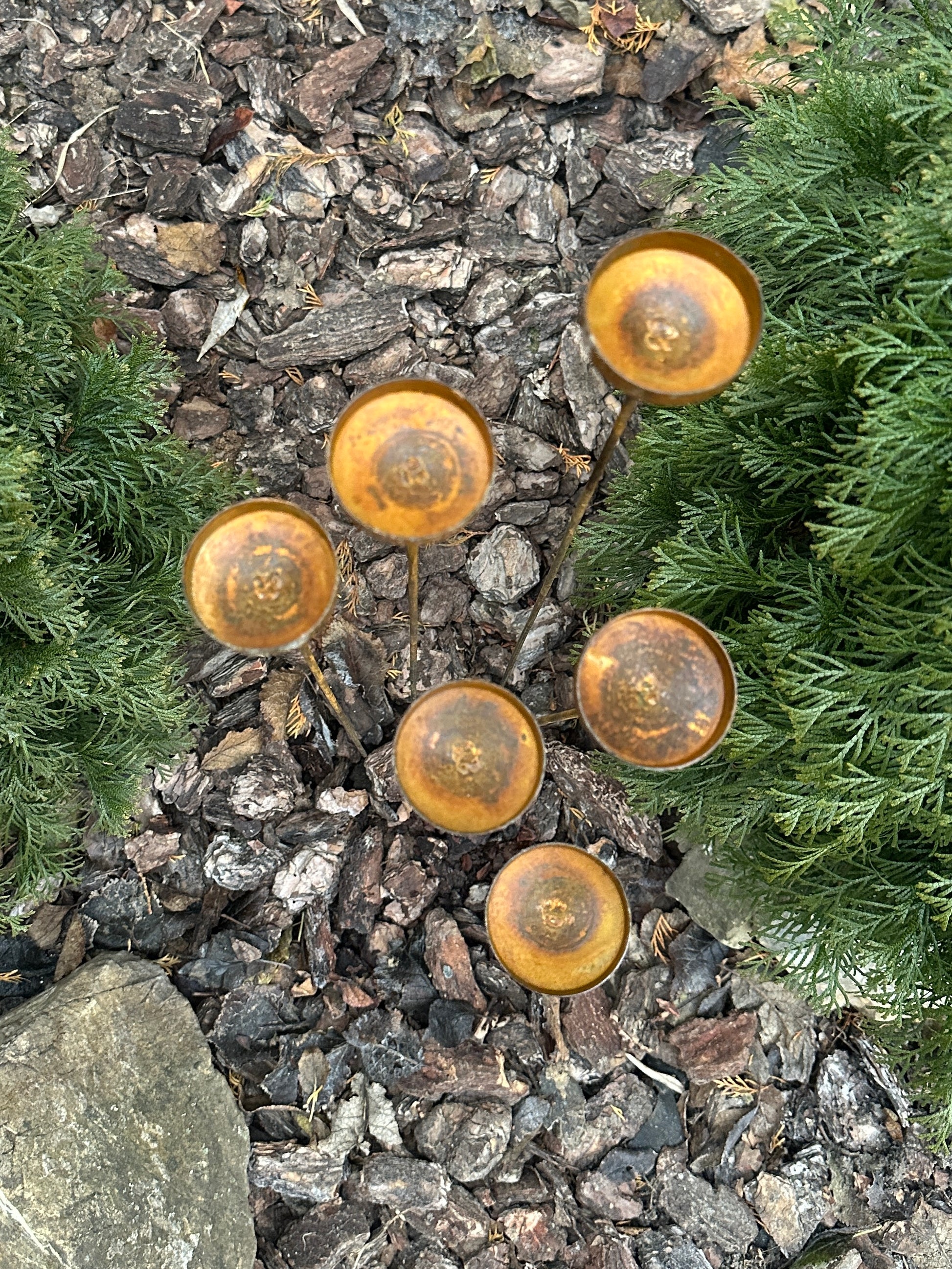 Rusty Flower Garden Stakes - Metal Mini Rain Catchers, Unique Outdoor Garden Decor