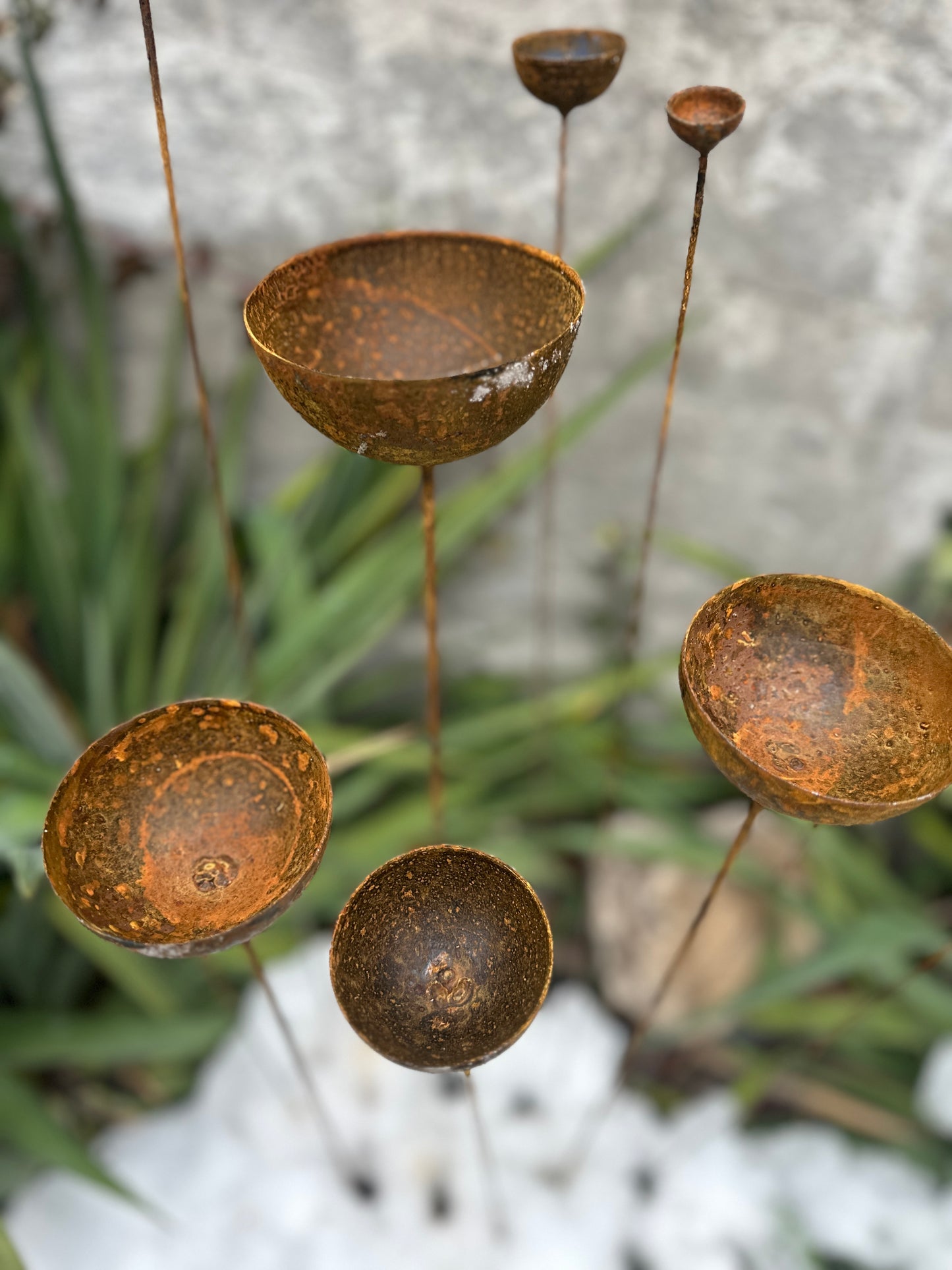 Rusty flower buds set of 10, Garden stakes garden decor, Metal garden decor, Metal sculpture, Outdoor metal decor, Rusty metal rain catchers