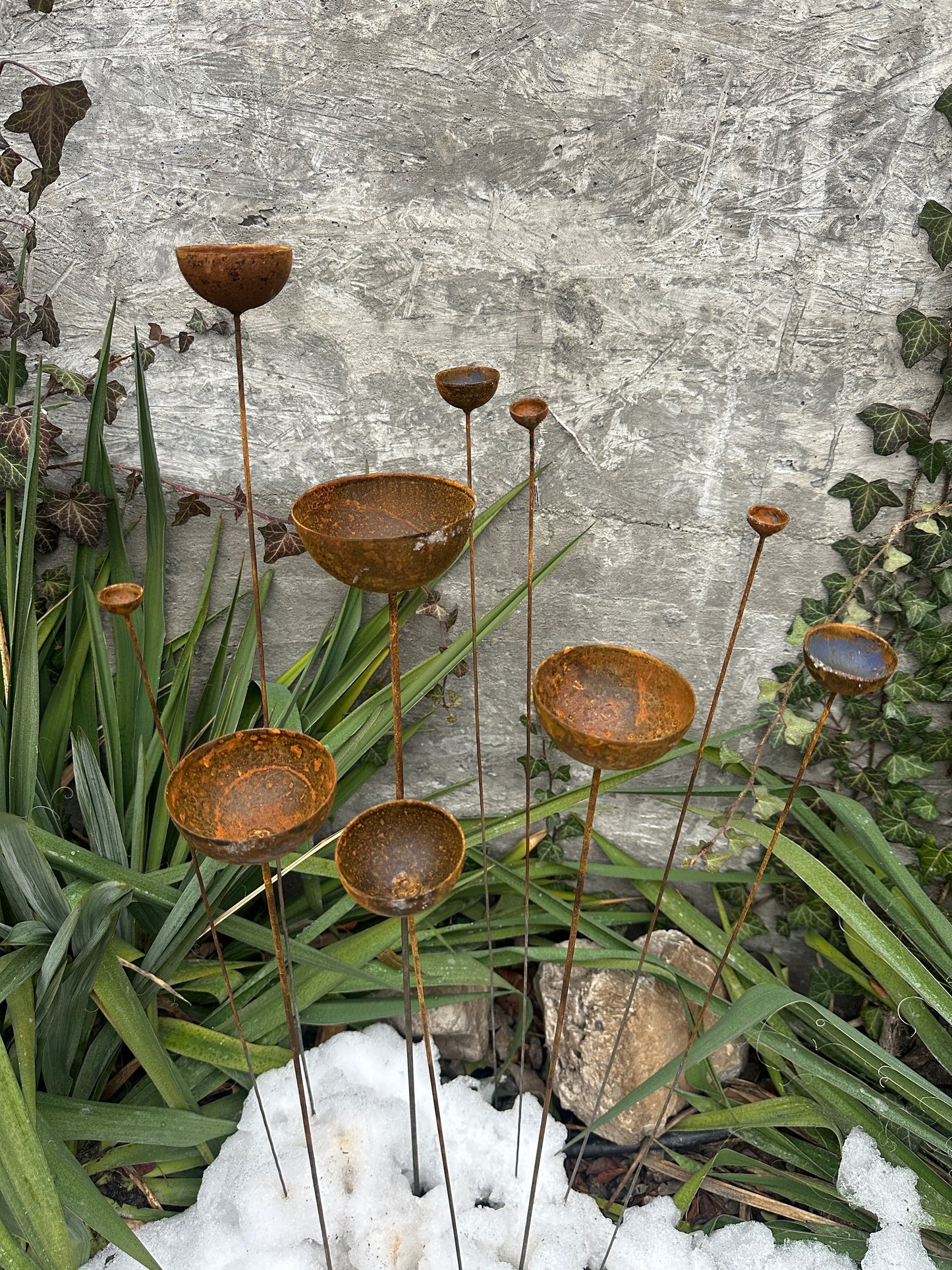 Rusty flower buds set of 10, Garden stakes garden decor, Metal garden decor, Metal sculpture, Outdoor metal decor, Rusty metal rain catchers