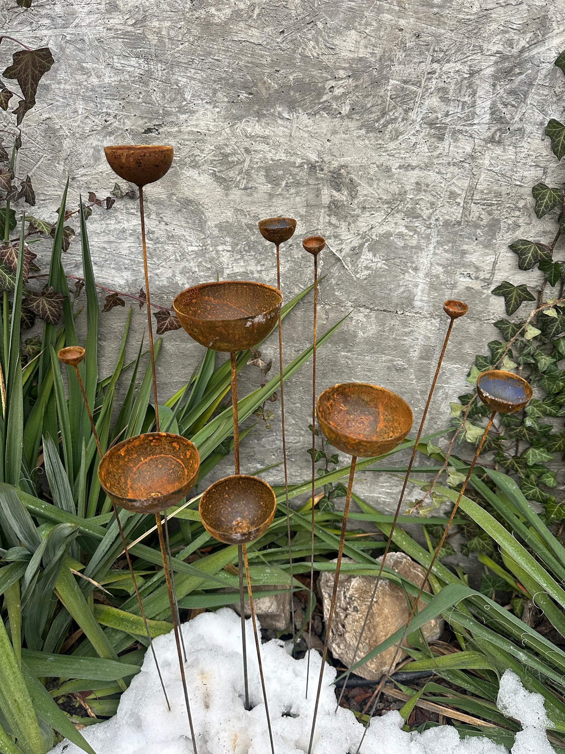 Rusty flower buds set of 10, Garden stakes garden decor, Metal garden decor, Metal sculpture, Outdoor metal decor, Rusty metal rain catchers