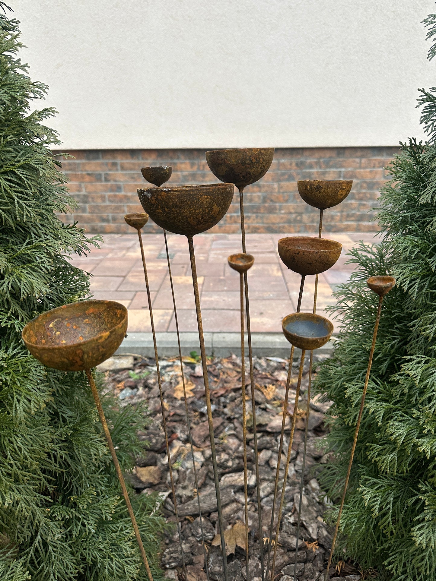 Rusty flower buds set of 10, Garden stakes garden decor, Metal garden decor, Metal sculpture, Outdoor metal decor, Rusty metal rain catchers