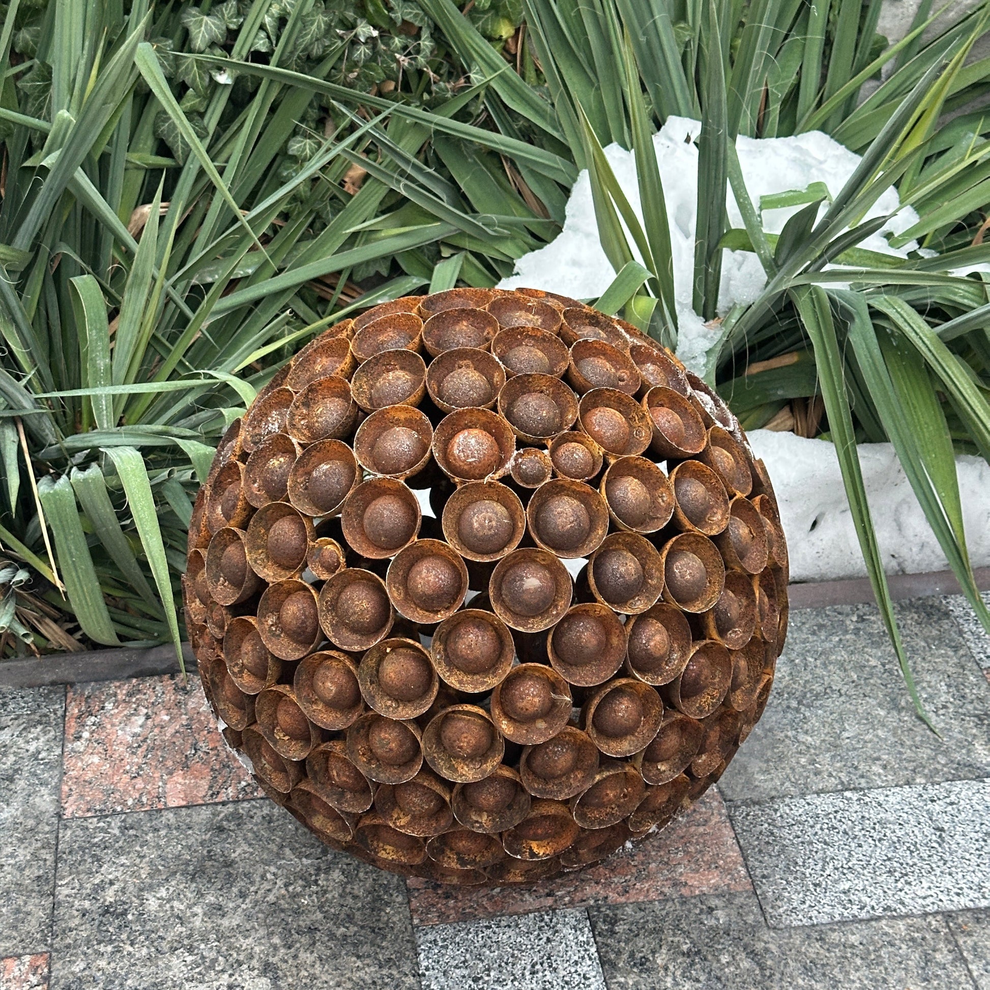 Rusty Metal Ball Sculpture, 20'' Diameter, Garden Art Sphere, Handmade Modern Yard Decor, Outdoor Accent Piece, Unique Landscape Ornament