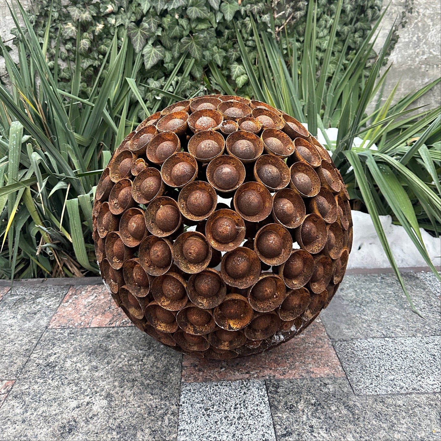 Rusty Metal Ball Sculpture, 20'' Diameter, Garden Art Sphere, Handmade Modern Yard Decor, Outdoor Accent Piece, Unique Landscape Ornament