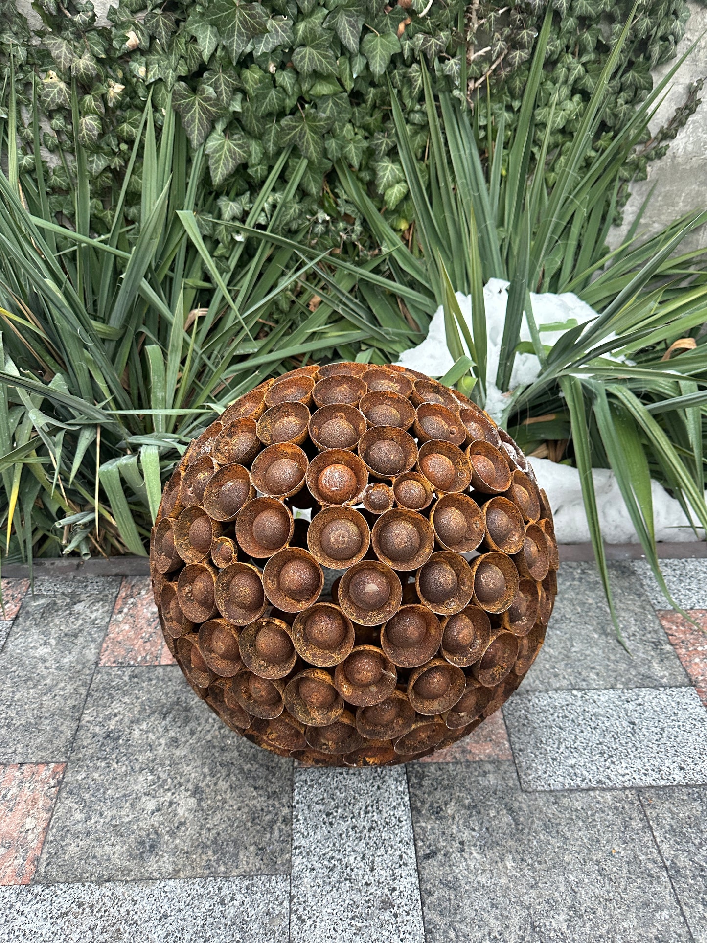 Rusty Metal Ball Sculpture, 20'' Diameter, Garden Art Sphere, Handmade Modern Yard Decor, Outdoor Accent Piece, Unique Landscape Ornament