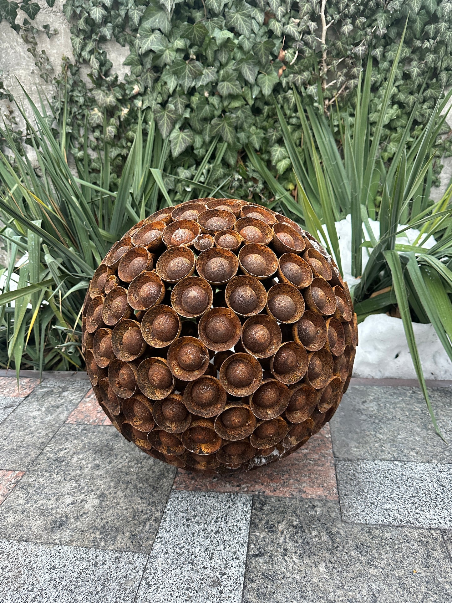 Rusty Metal Ball Sculpture, 20'' Diameter, Garden Art Sphere, Handmade Modern Yard Decor, Outdoor Accent Piece, Unique Landscape Ornament