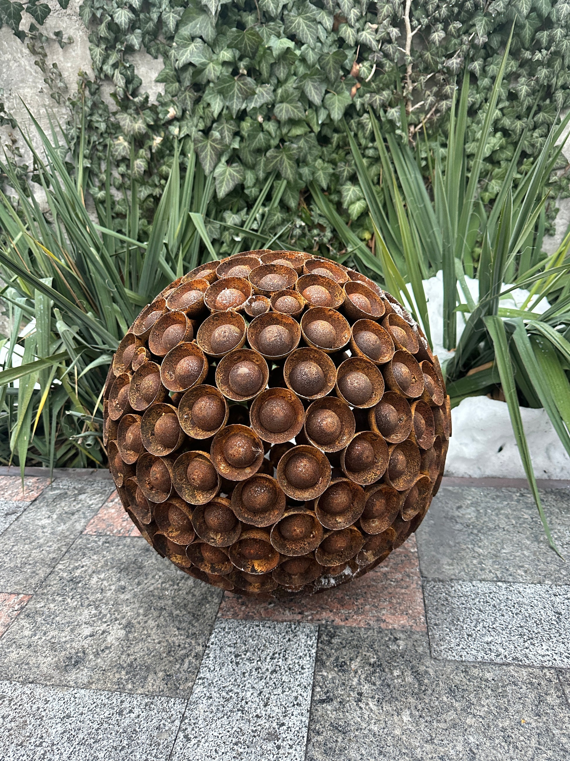 Rusty Metal Ball Sculpture, 20'' Diameter, Garden Art Sphere, Handmade Modern Yard Decor, Outdoor Accent Piece, Unique Landscape Ornament