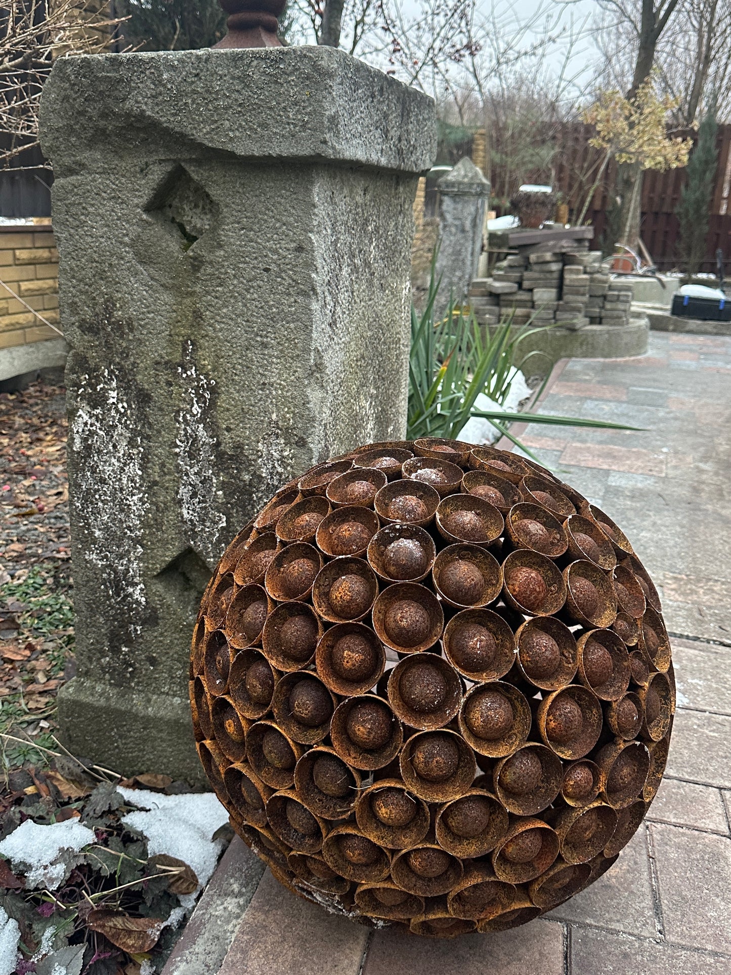 Rusty Metal Ball Sculpture, 20'' Diameter, Garden Art Sphere, Handmade Modern Yard Decor, Outdoor Accent Piece, Unique Landscape Ornament