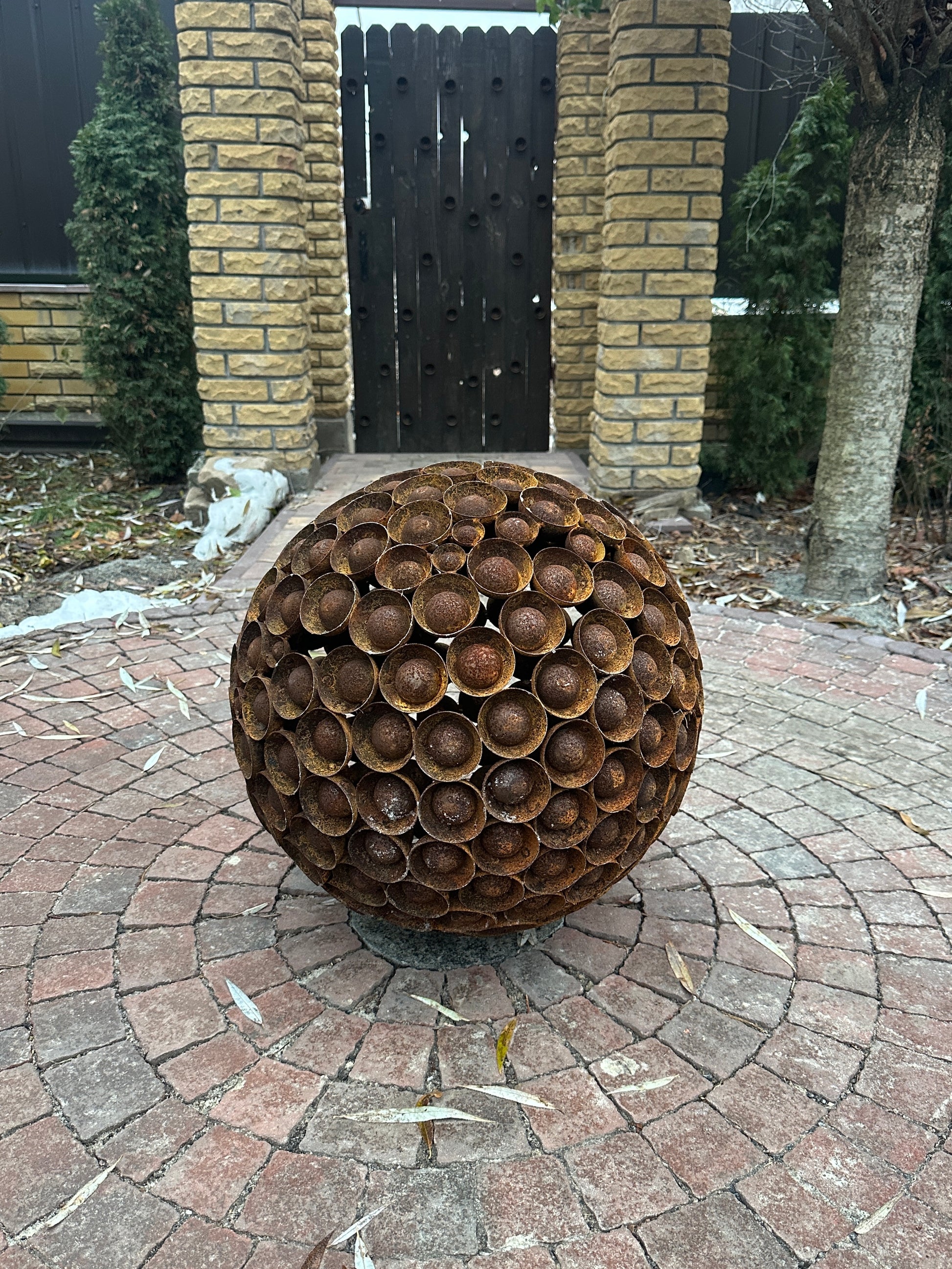 Rusty Metal Ball Sculpture, 20'' Diameter, Garden Art Sphere, Handmade Modern Yard Decor, Outdoor Accent Piece, Unique Landscape Ornament