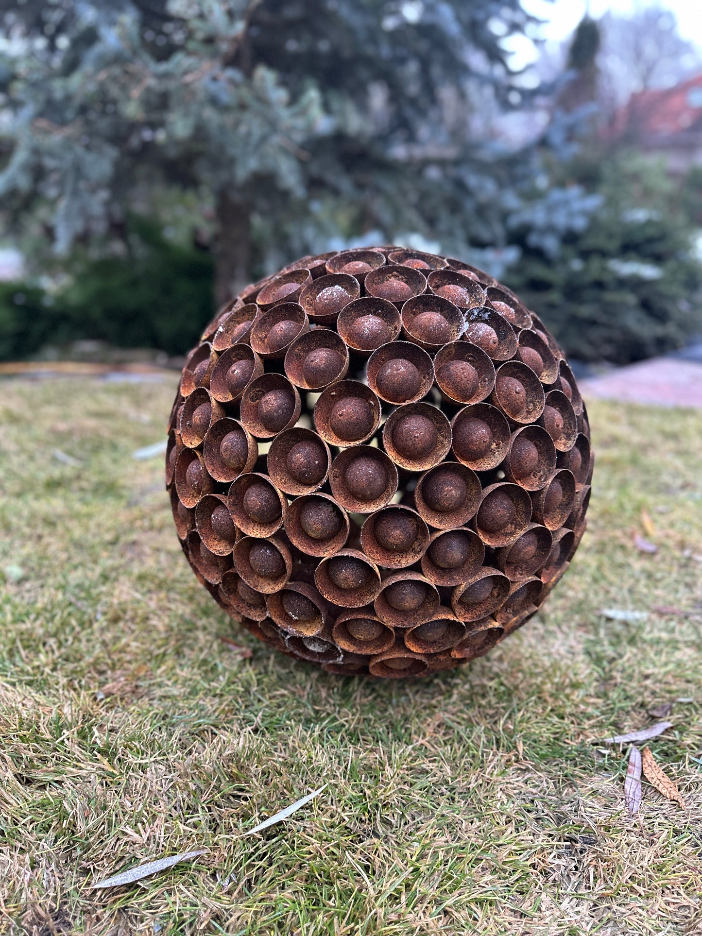 Rusty Metal Ball Sculpture, 20'' Diameter, Garden Art Sphere, Handmade Modern Yard Decor, Outdoor Accent Piece, Unique Landscape Ornament