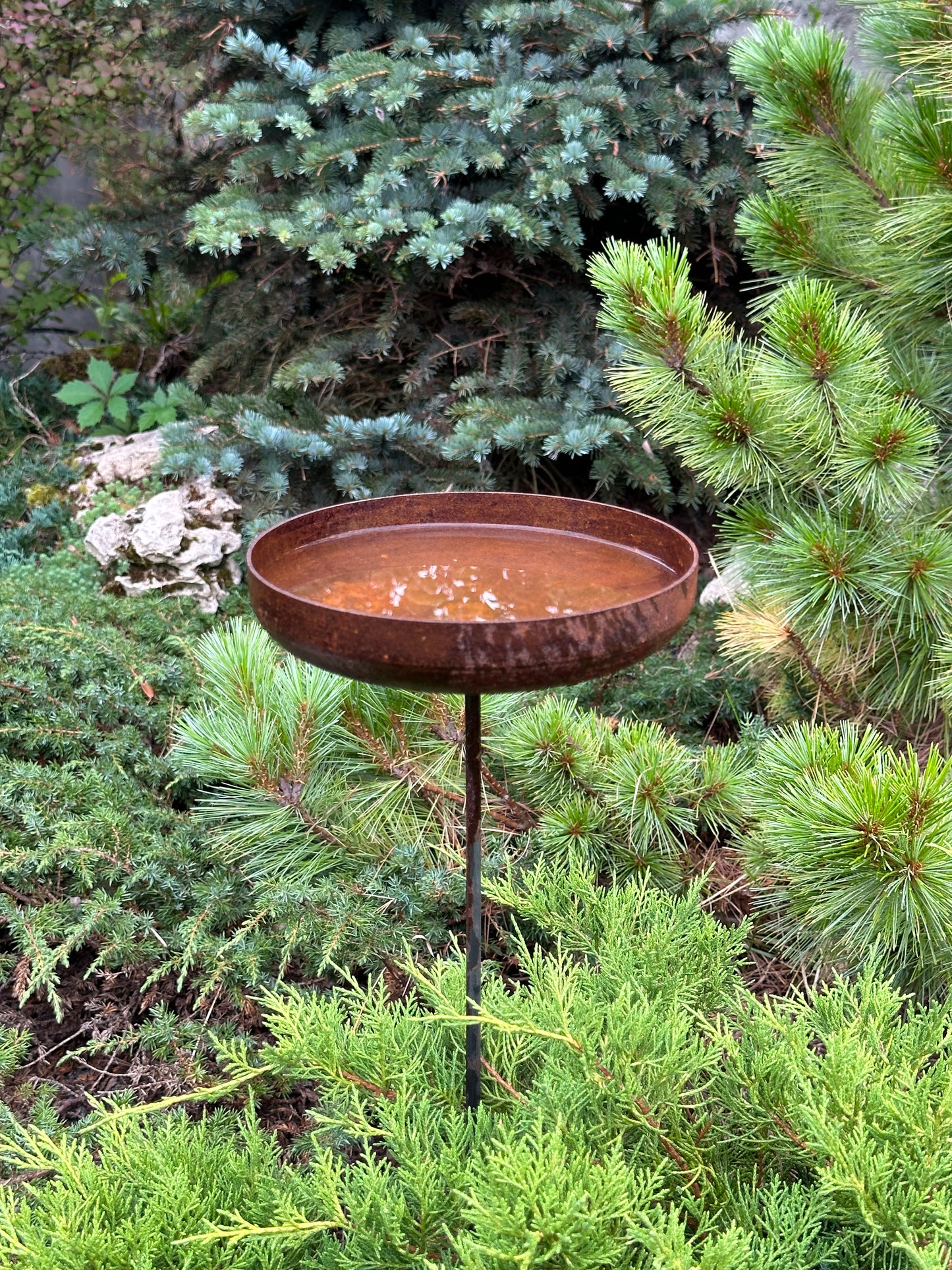 7” Rain catcher, Rusty metal flower garden stakes, Bird bath outdoor garden decor