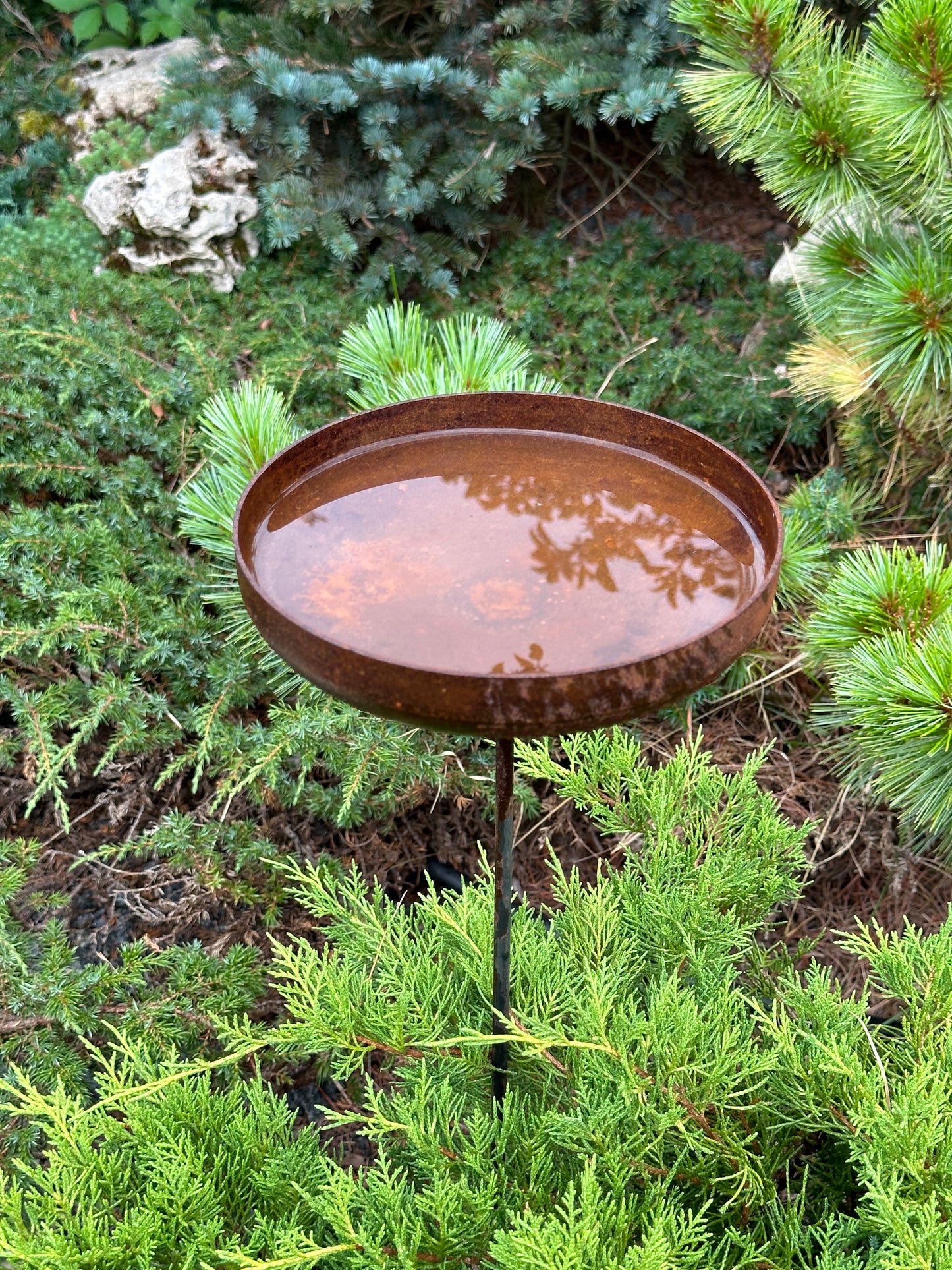 7” Rain catcher, Rusty metal flower garden stakes, Bird bath outdoor garden decor