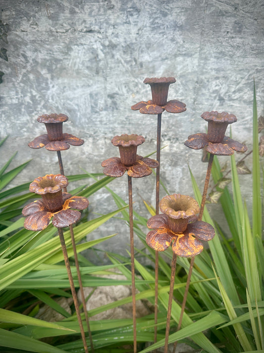 Rusty Metal Narcissus Set of 6, Rustic Bell-Shaped Flower Décor