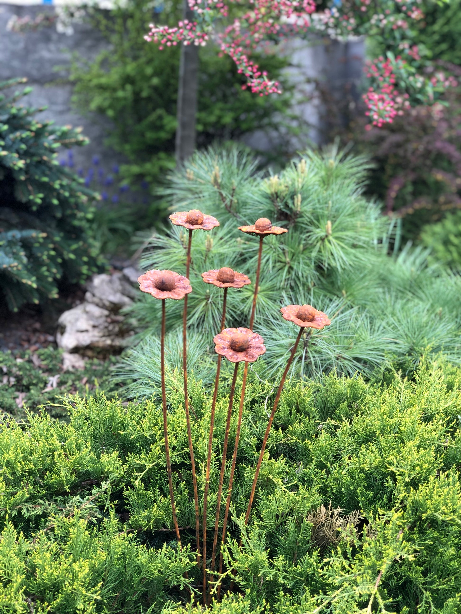 Rusty flowers set of 6, 6 Rusty flowers garden stakes, Metal garden decor, Metal yard art, Outdoor metal decor, Rusty metal garden decor