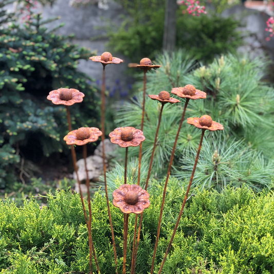 Rusty flowers set of 10, 10 Rusty flowers garden stakes, Metal garden decor, metal yard art, outdoor metal decor, Rusty metal garden decor