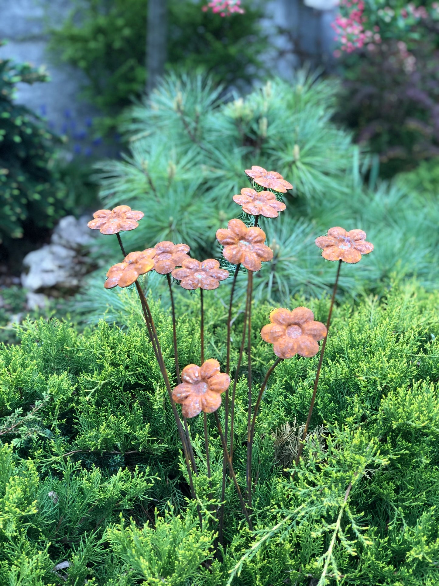 Rusty flowers set of 10, Flowers garden decor, Metal rain catchers, metal yard art, outdoor metal decor, Rusty metal garden decor