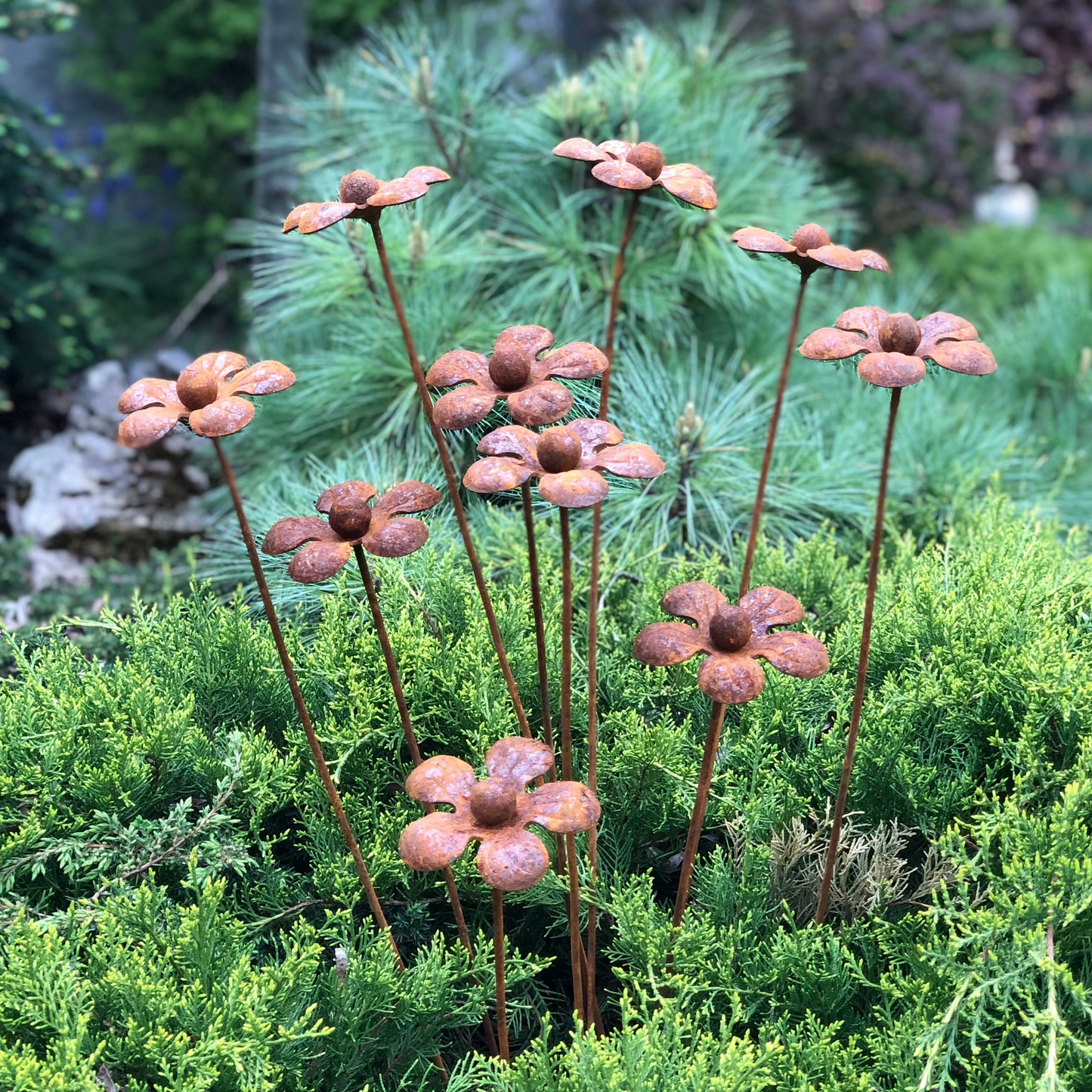 Rusty flowers set of 10, 10 Rusty flowers garden stakes, Metal garden decor, metal yard art, outdoor metal decor, Rusty metal garden decor