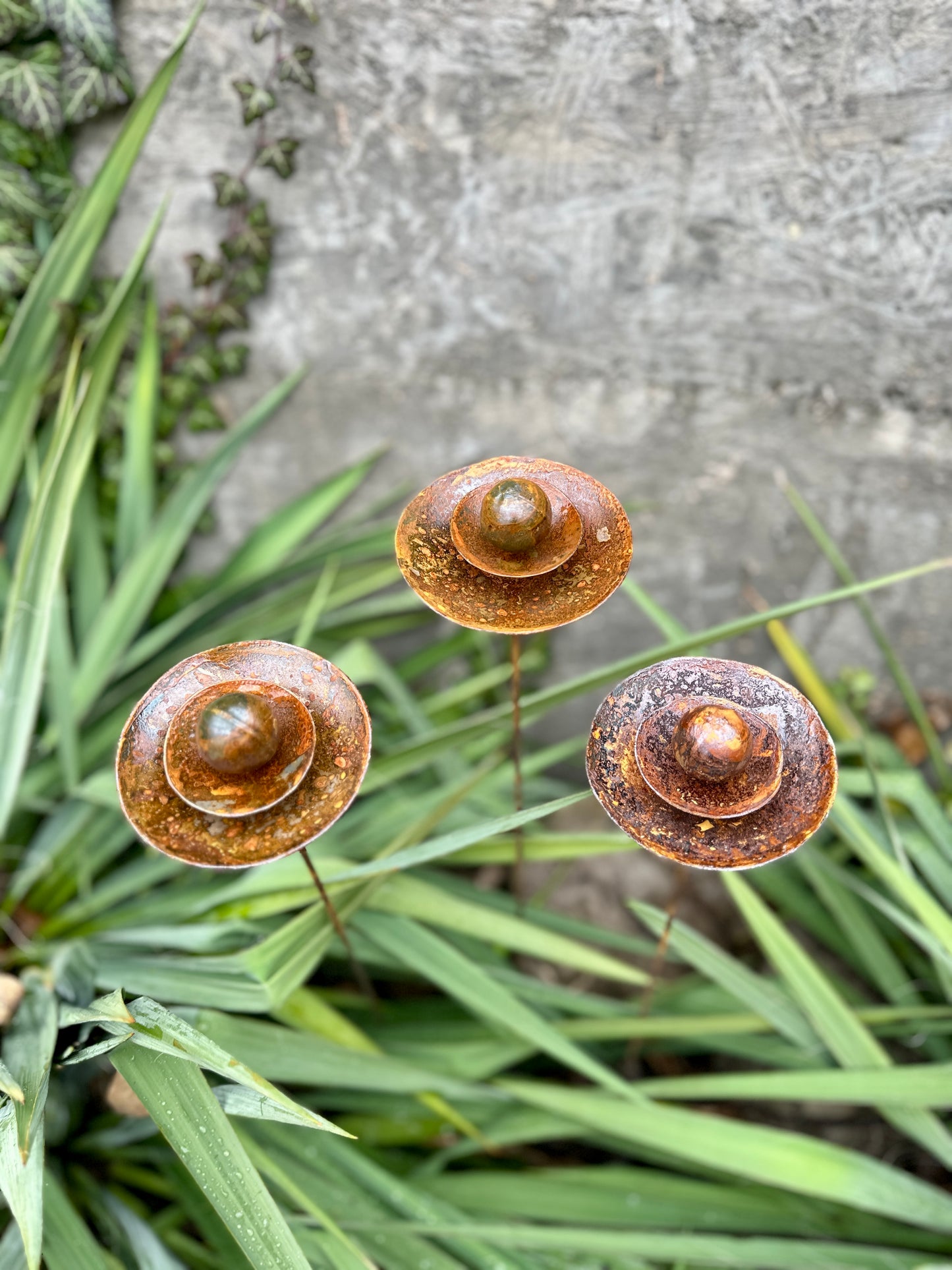 Set of 3 Rusty Metal Flowers, Garden Decorations, Handmade Outdoor Decor for Backyards, Rustic Landscaping, Garden Art, Bee Butterfly Cups