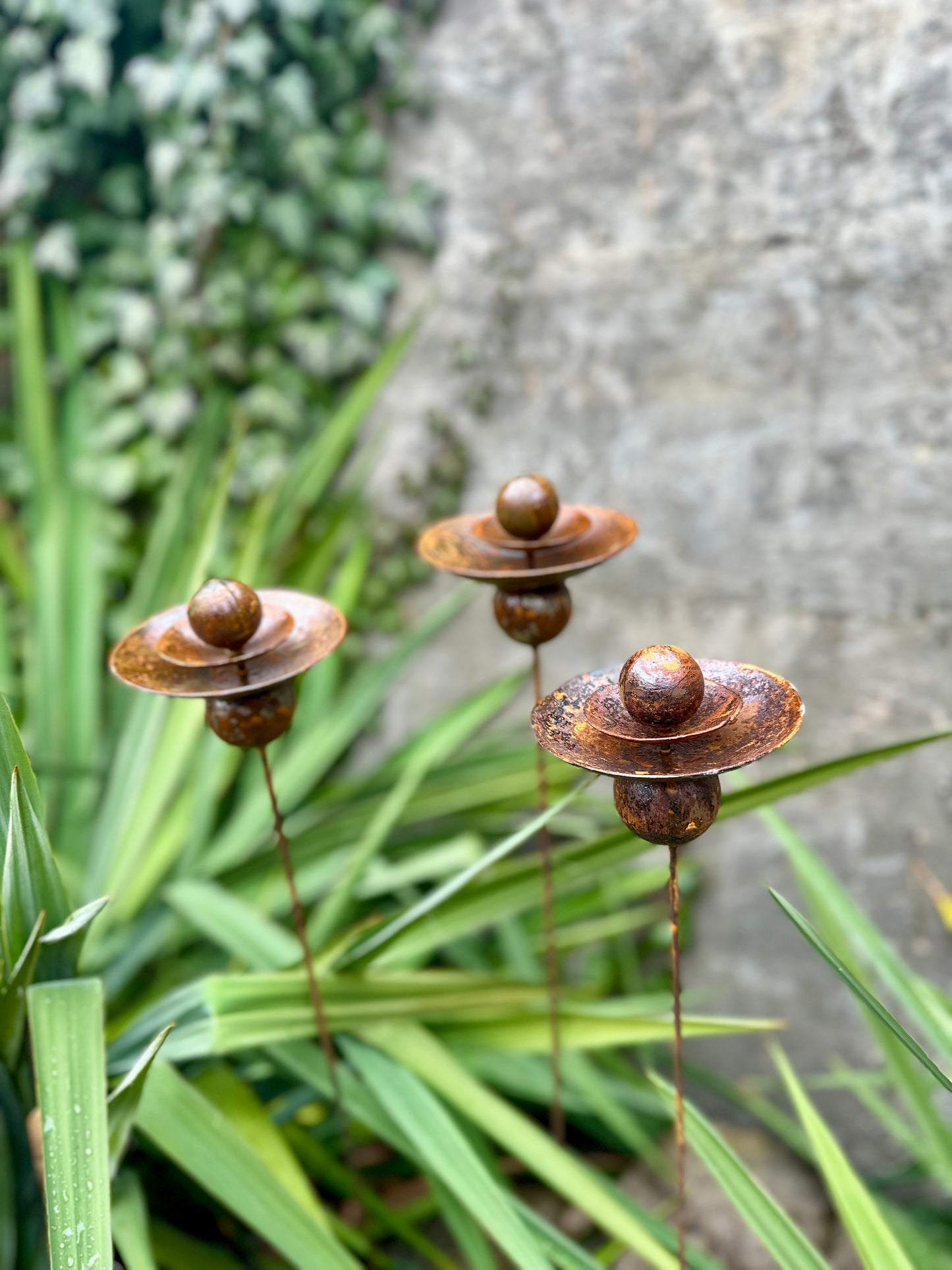 Set of 3 Rusty Metal Flowers, Garden Decorations, Handmade Outdoor Decor for Backyards, Rustic Landscaping, Garden Art, Bee Butterfly Cups