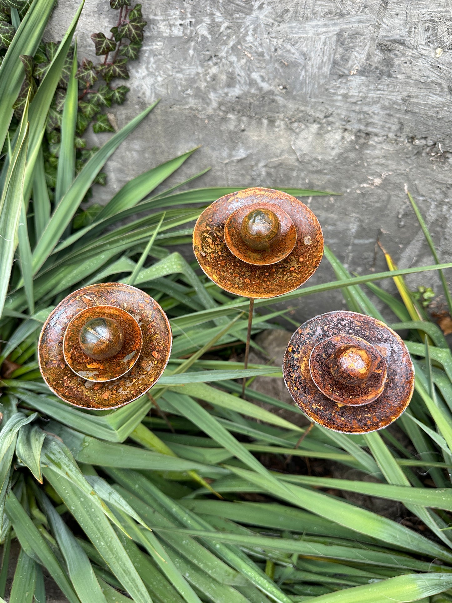 Set of 3 Rusty Metal Flowers, Garden Decorations, Handmade Outdoor Decor for Backyards, Rustic Landscaping, Garden Art, Bee Butterfly Cups