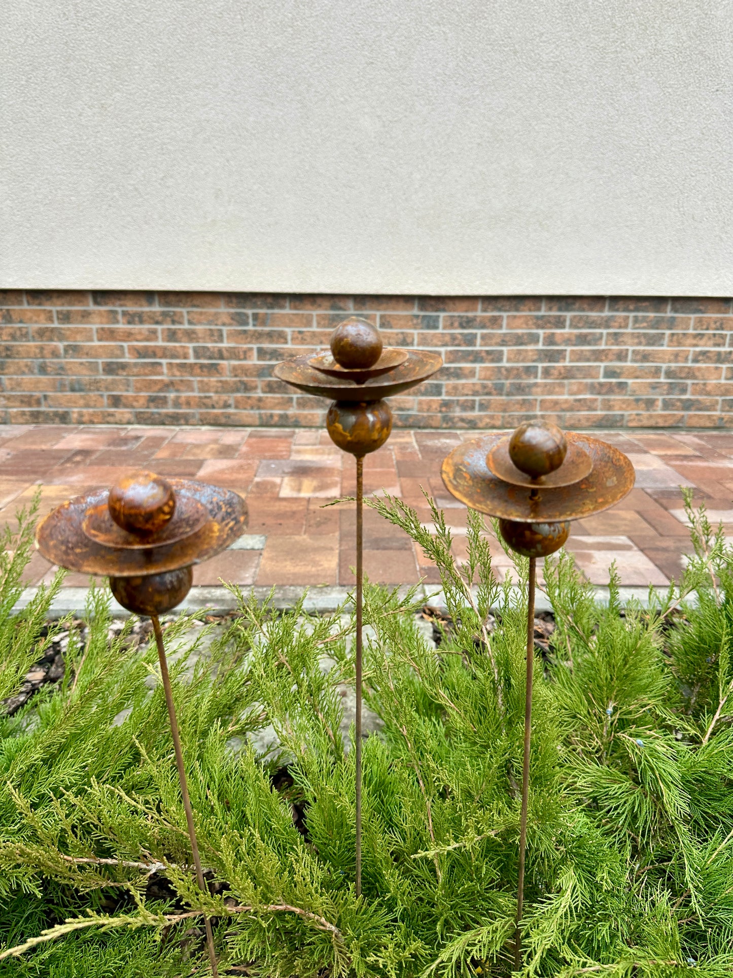 Set of 3 Rusty Metal Flowers, Garden Decorations, Handmade Outdoor Decor for Backyards, Rustic Landscaping, Garden Art, Bee Butterfly Cups