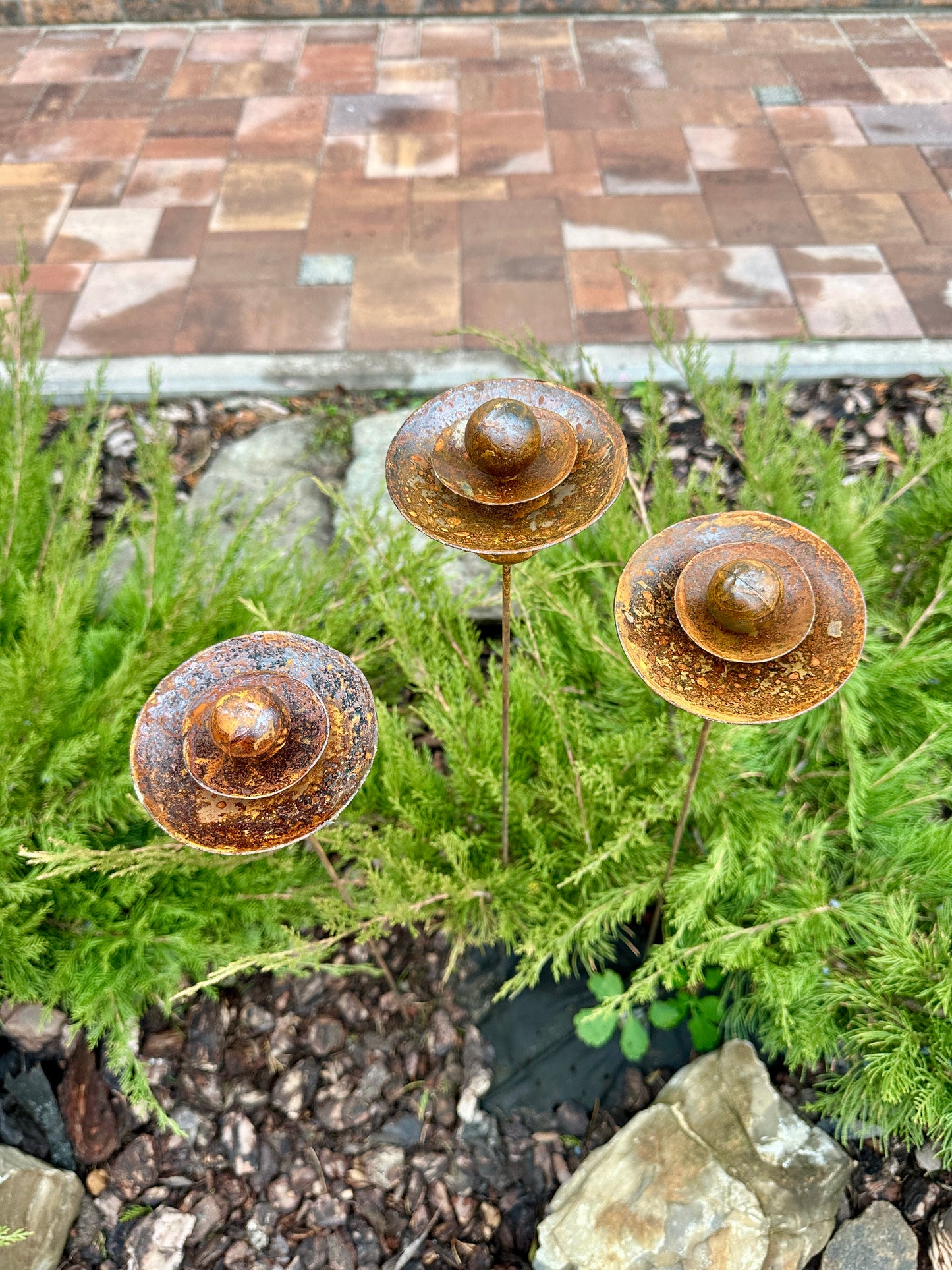 Set of 3 Rusty Metal Flowers, Garden Decorations, Handmade Outdoor Decor for Backyards, Rustic Landscaping, Garden Art, Bee Butterfly Cups