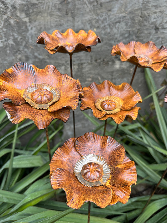Rusty flowers set of 6, Poppy flowers garden stakes, Metal garden decor, metal yard art, outdoor metal decor, Rusty metal garden decor
