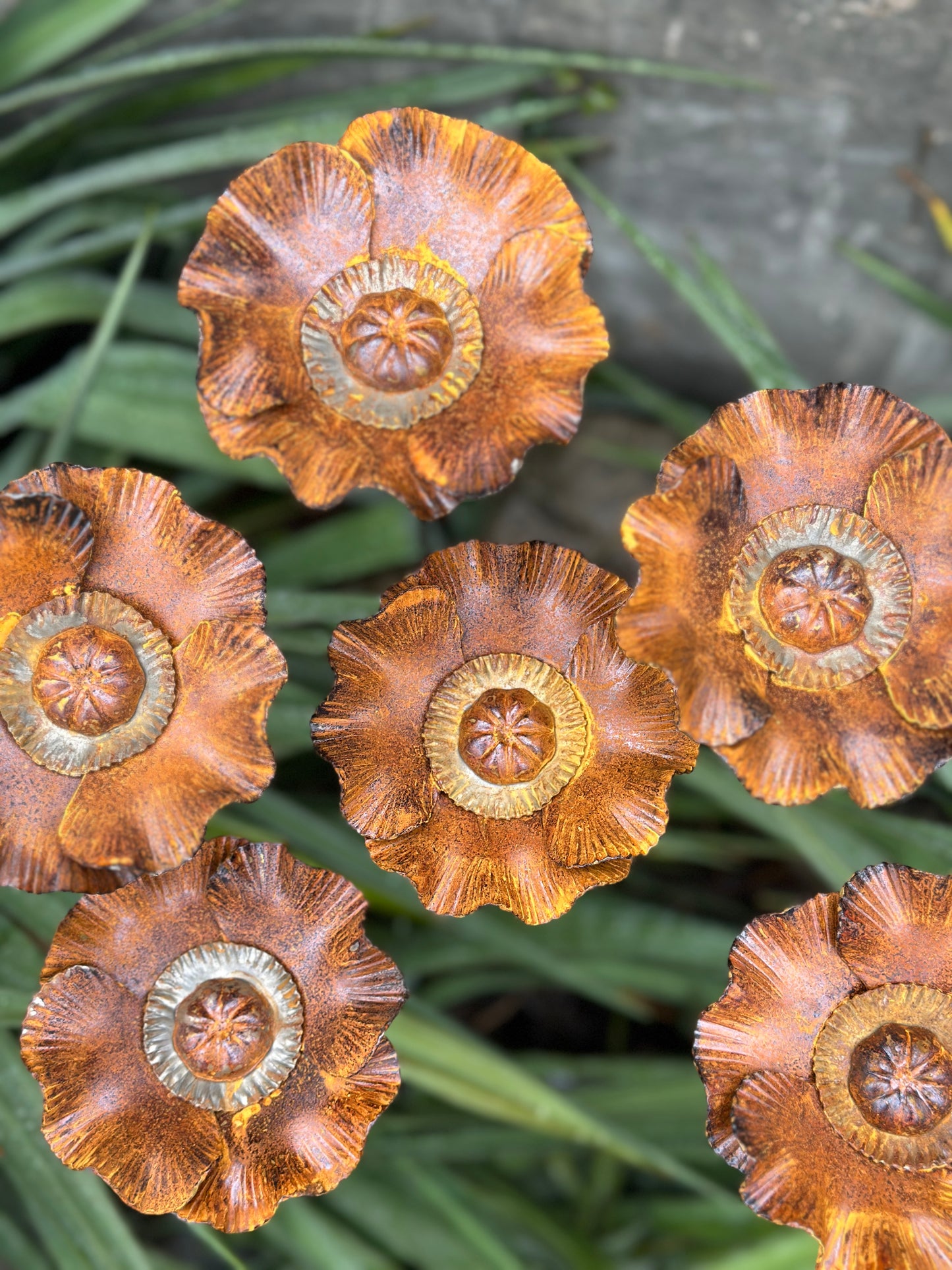 Rusty flowers set of 6, Poppy flowers garden stakes, Metal garden decor, metal yard art, outdoor metal decor, Rusty metal garden decor