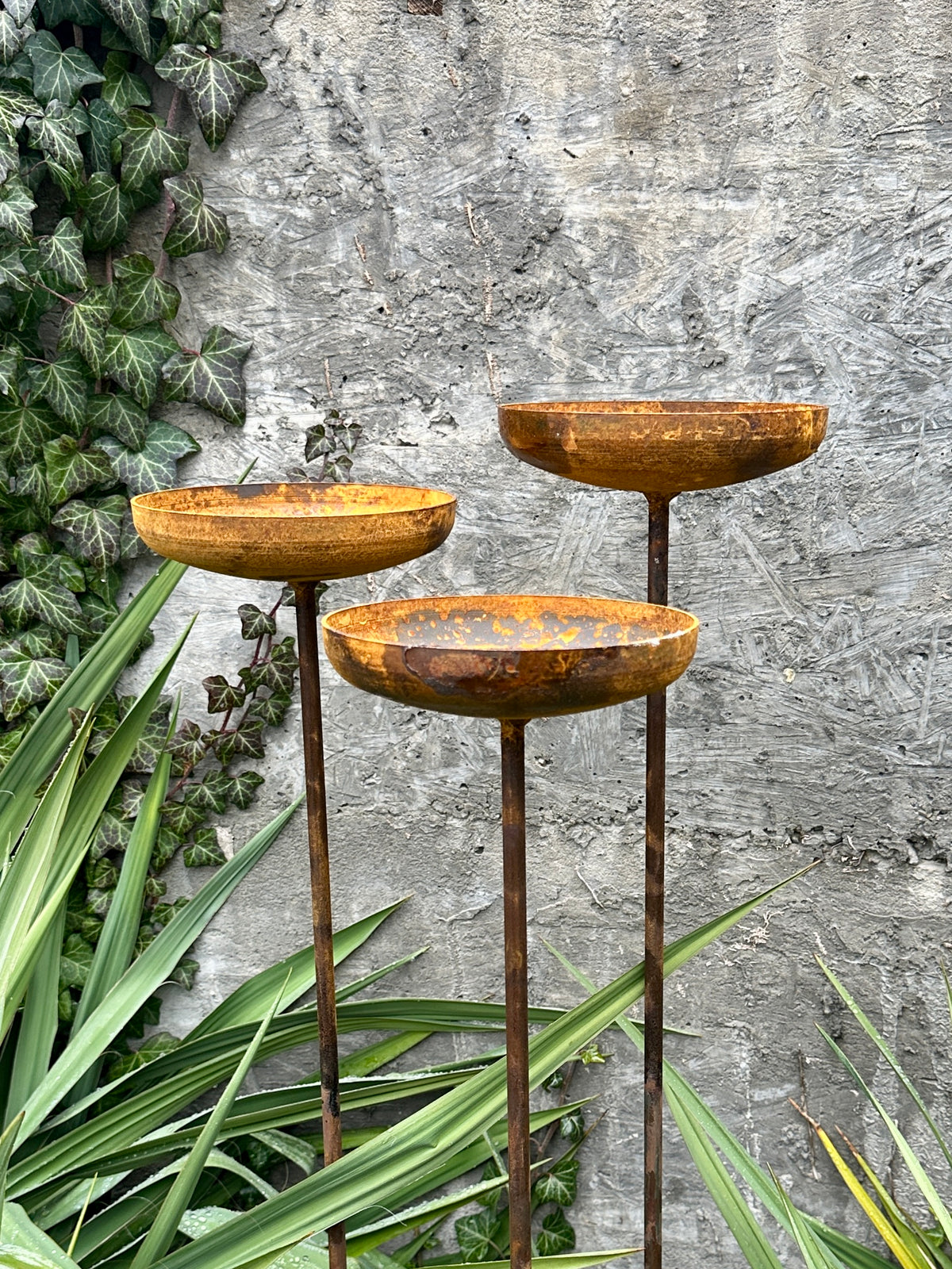 Rusty flower garden stakes, Three 6” Metal rain catchers, Bird bath ou ...