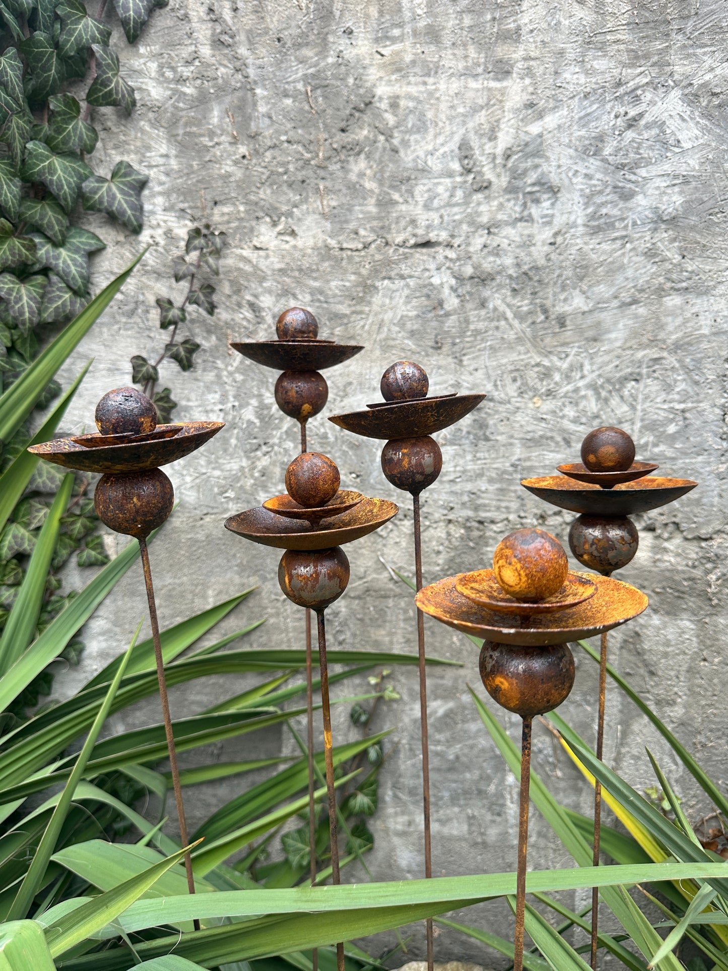 Set of 6 Rusty Metal Flowers, Garden Decorations, Handmade Outdoor Decor for Backyards, Rustic Landscaping, Garden Art, Bee Butterfly Cups