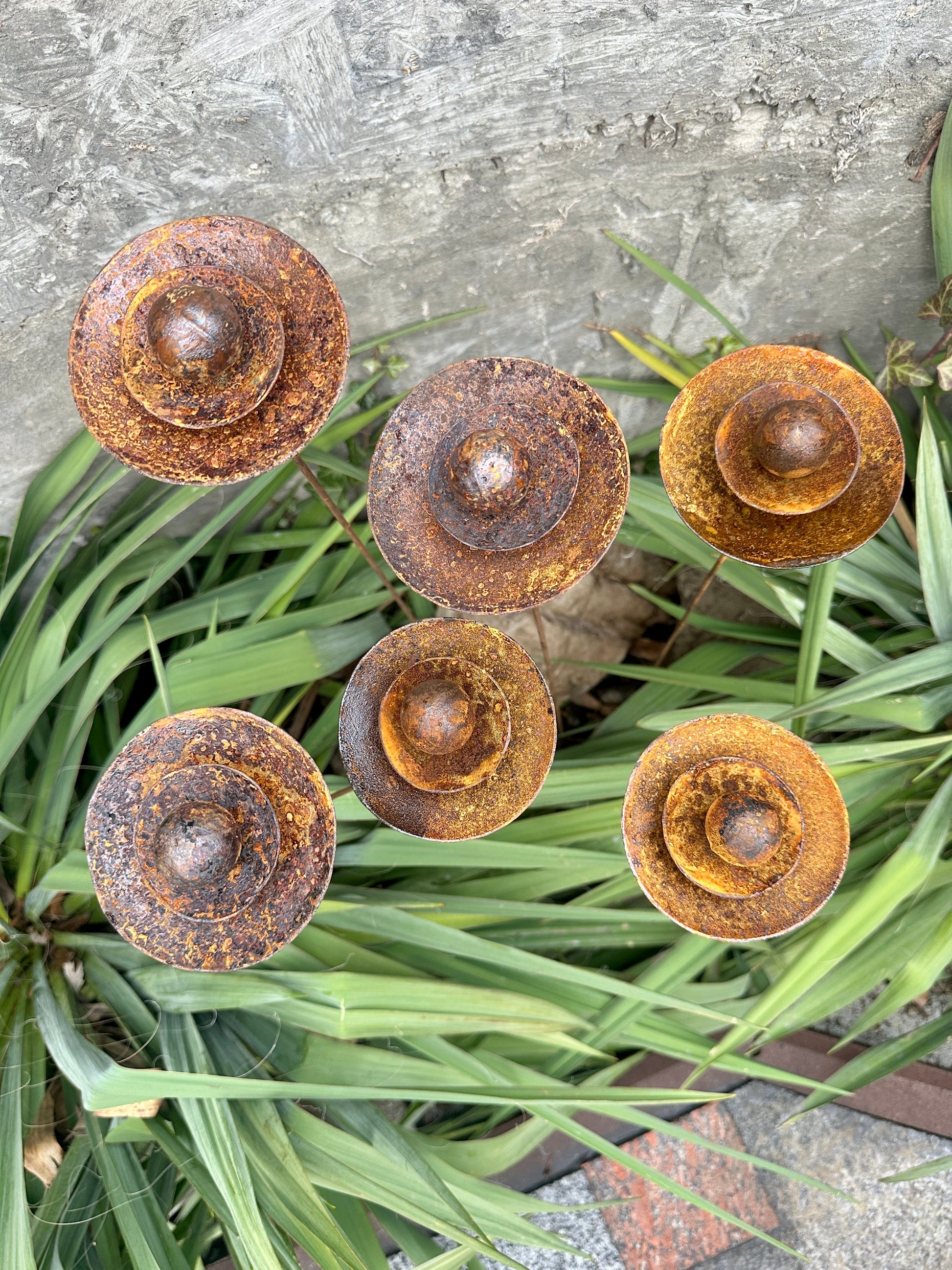 Set of 6 Rusty Metal Flowers, Garden Decorations, Handmade Outdoor Decor for Backyards, Rustic Landscaping, Garden Art, Bee Butterfly Cups