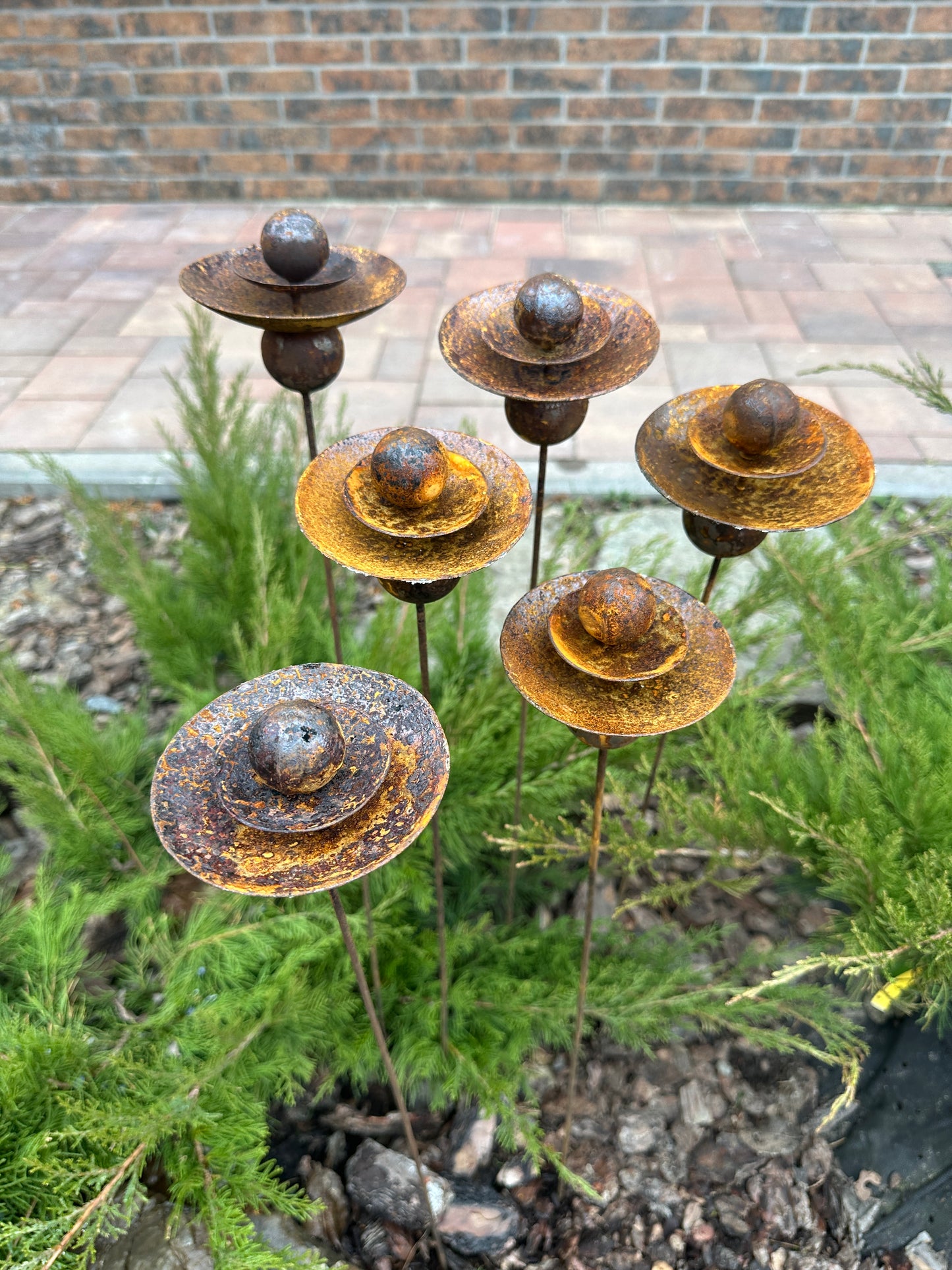 Set of 6 Rusty Metal Flowers, Garden Decorations, Handmade Outdoor Decor for Backyards, Rustic Landscaping, Garden Art, Bee Butterfly Cups