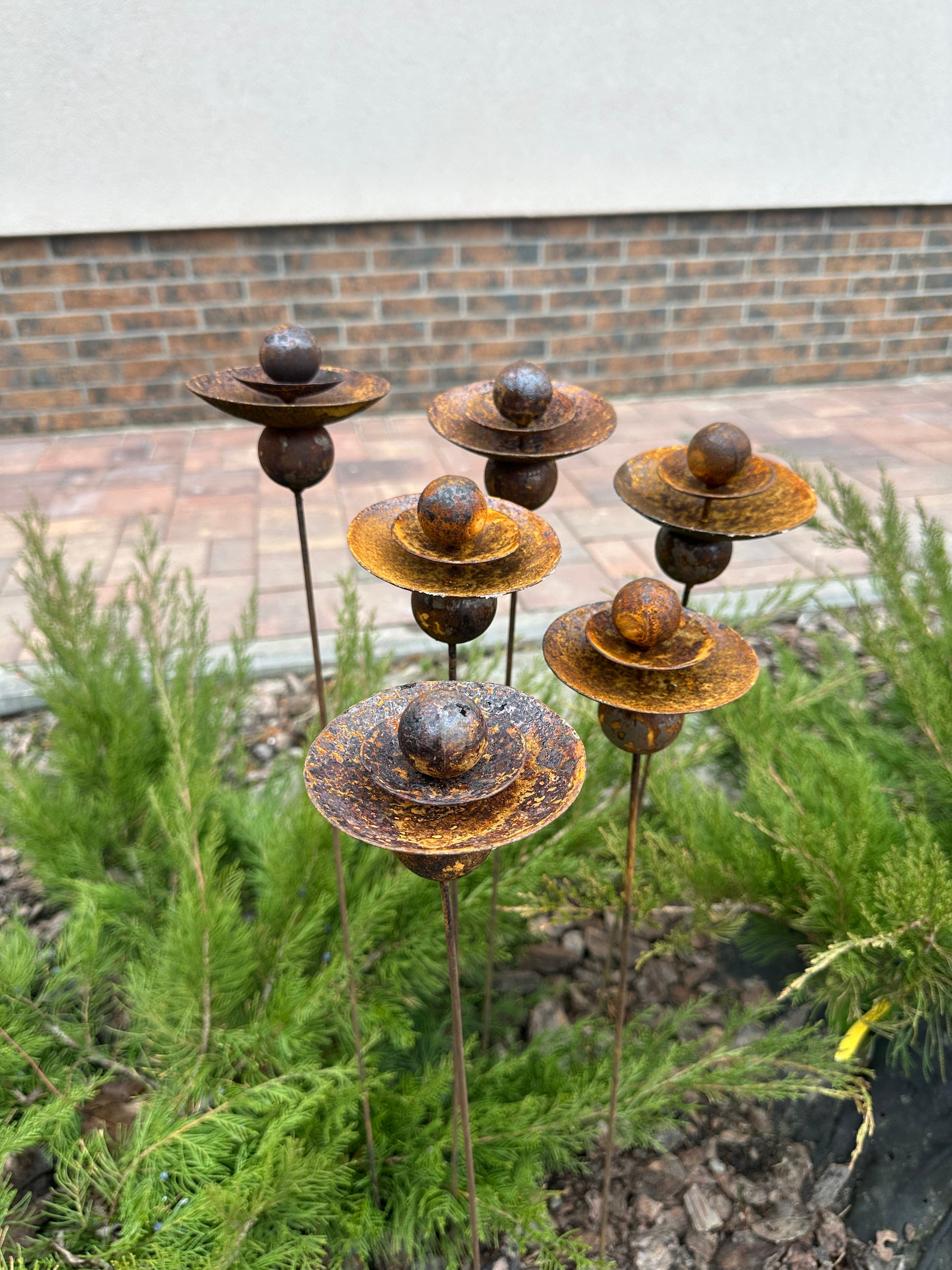 Set of 6 Rusty Metal Flowers, Garden Decorations, Handmade Outdoor Decor for Backyards, Rustic Landscaping, Garden Art, Bee Butterfly Cups