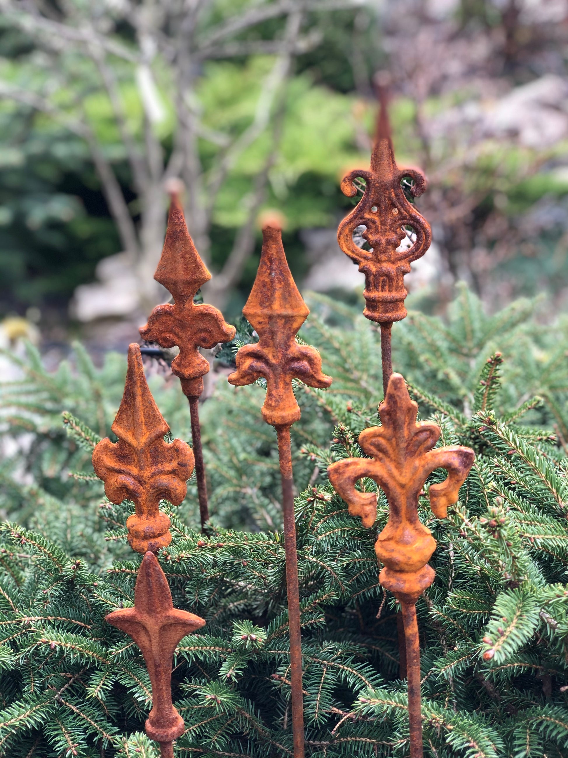 Rusty finials set of 6, 6 Rusty finials garden stakes, Metal garden decor, metal yard art, outdoor metal decor, Rusty metal garden decorRusty finials set of 6, 6 Rusty finials garden stakes, Metal garden decor, metal yard art, outdoor metal decor, Rusty metal garden decor