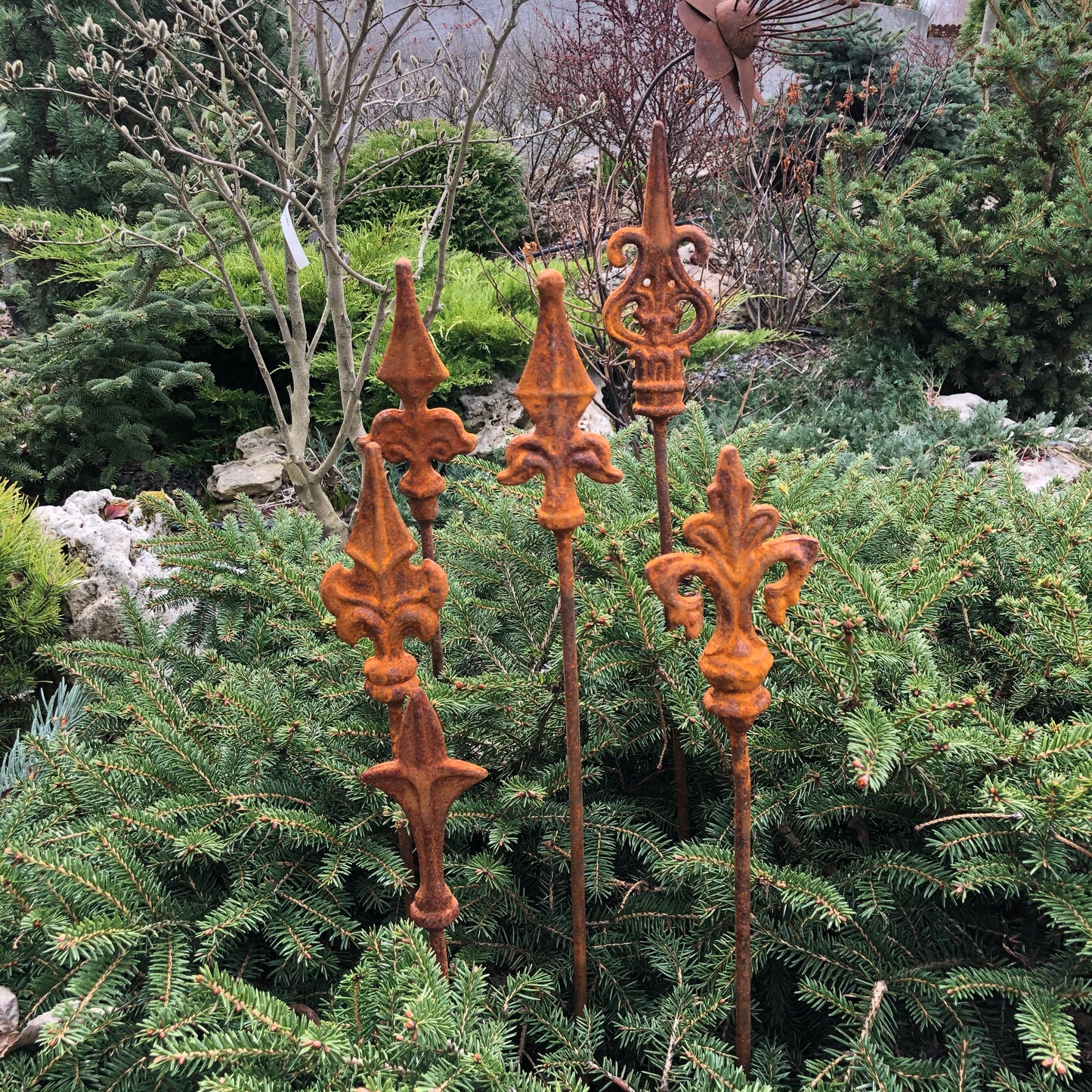 Rusty finials set of 6, 6 Rusty finials garden stakes, Metal garden decor, metal yard art, outdoor metal decor, Rusty metal garden decor