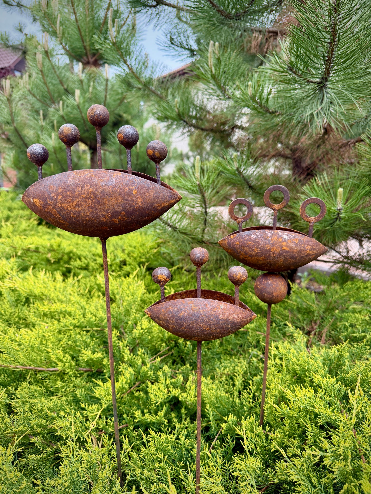 Set of 3 Rustic Metal Exotic Flowers, Garden Decorations, Rustic Landscaping, Garden Art