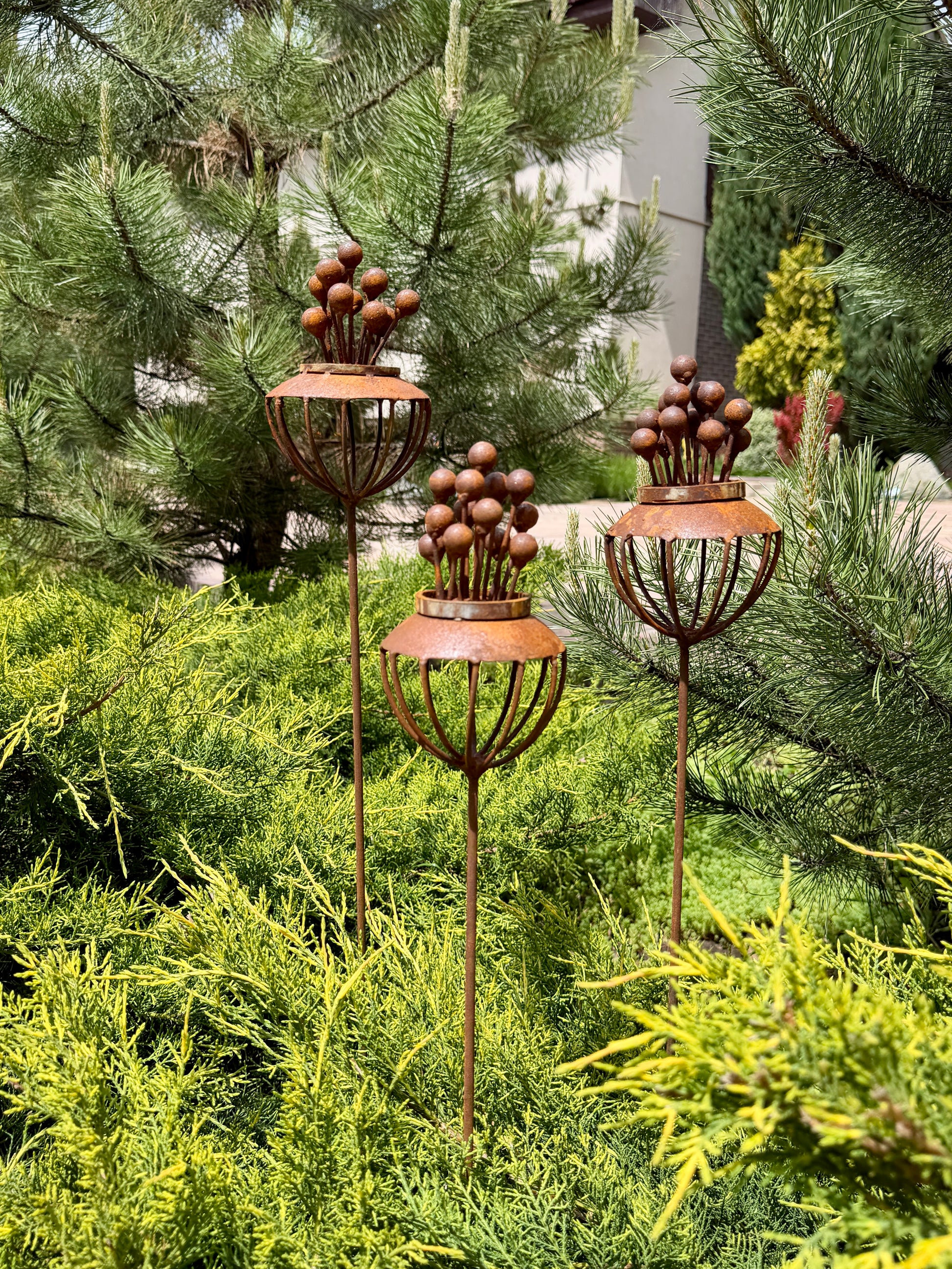 Set of 3 Rustic Metal Exotic Flowers, Handmade Garden Decor, Unique Yard Art, Outdoor Landscaping Sculpture, Rusty Metal Flower Gift