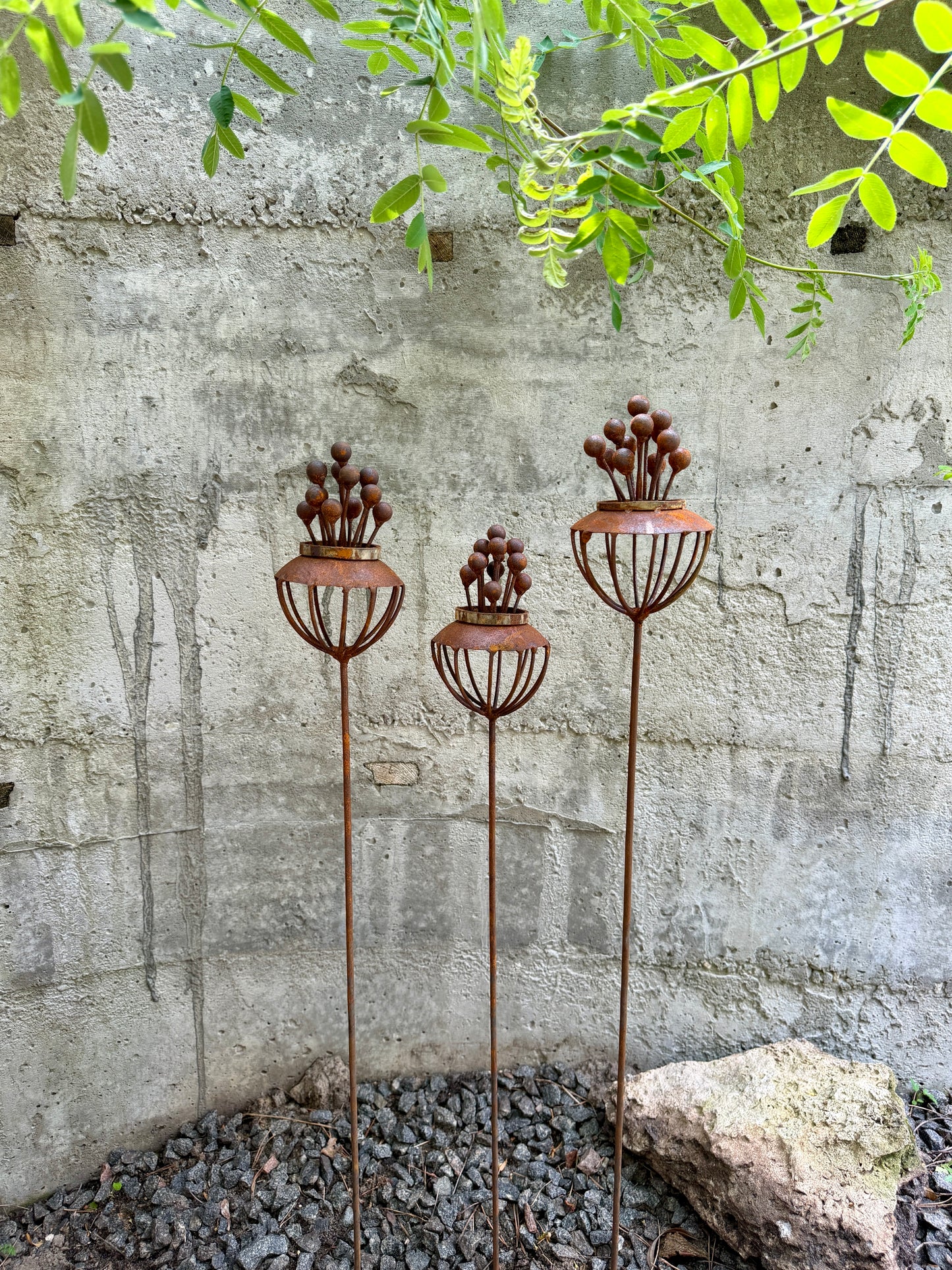 Set of 3 Rustic Metal Exotic Flowers, Handmade Garden Decor, Unique Yard Art, Outdoor Landscaping Sculpture, Rusty Metal Flower Gift