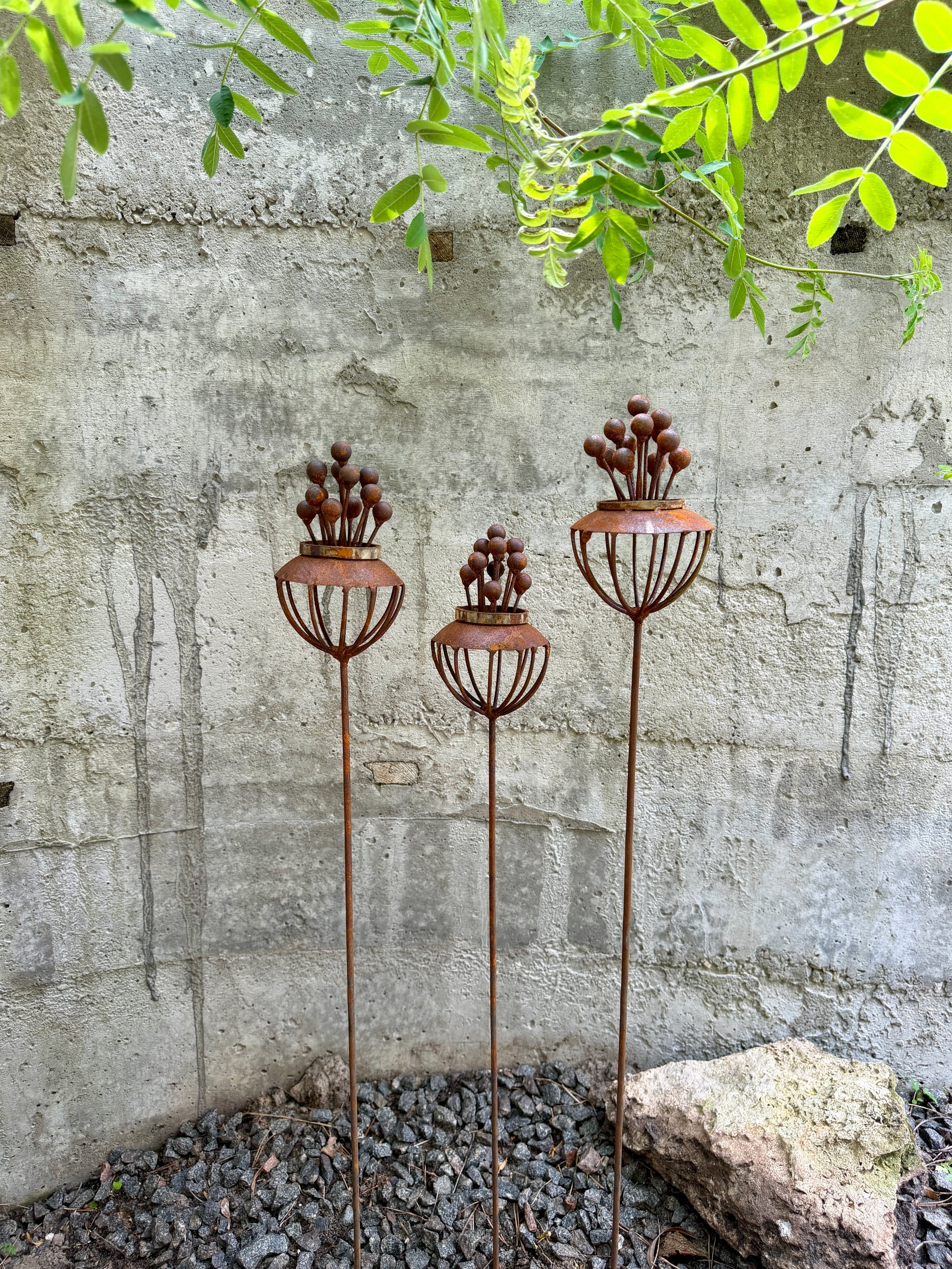 Set of 3 Rustic Metal Exotic Flowers, Handmade Garden Decor, Unique Yard Art, Outdoor Landscaping Sculpture, Rusty Metal Flower Gift