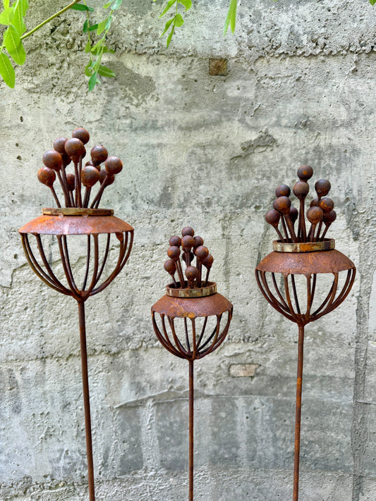Set of 3 Rustic Metal Exotic Flowers, Handmade Garden Decor, Unique Yard Art, Outdoor Landscaping Sculpture, Rusty Metal Flower Gift